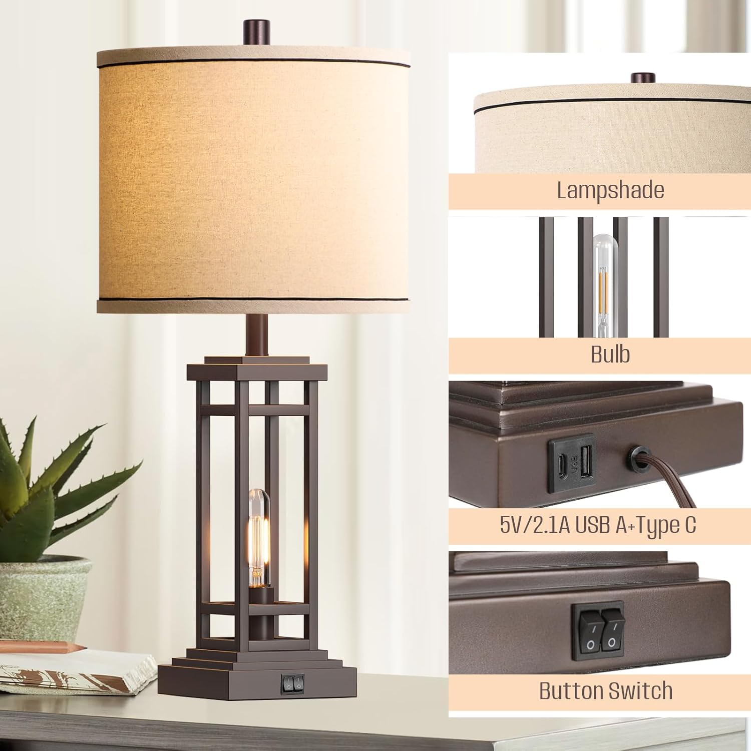 ROTTOGOON 27.5" Tall Farmhouse Table Lamp, Oil-Rubbed Bronze, USB C & A Ports, Rustic Metal Design for Living Room & Nightstand, Model ROLP