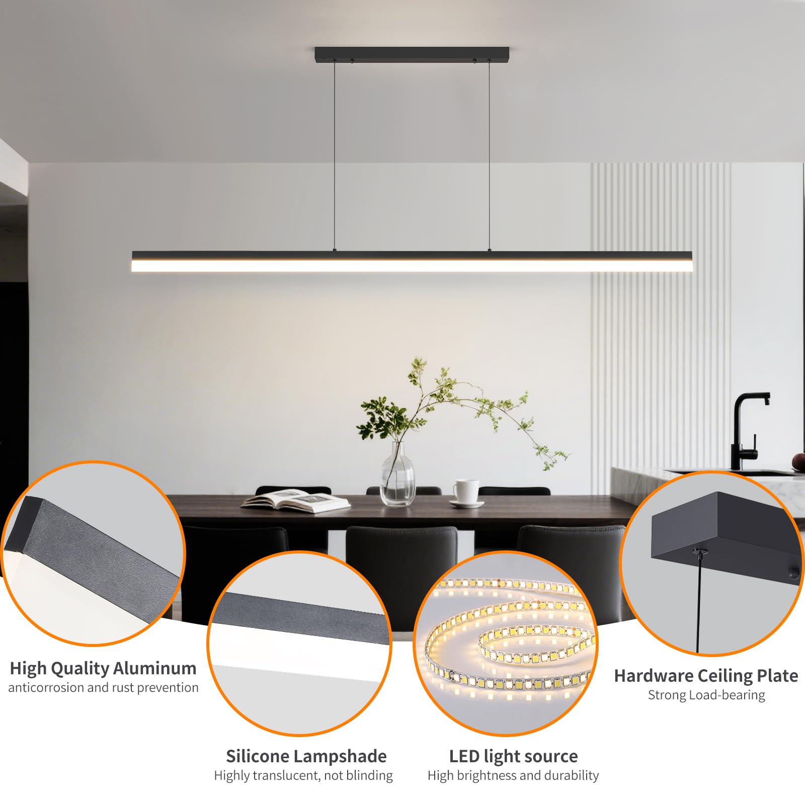 Mikeru Modern Linear Pendant Light, 39IN, Aluminum, Remote Control, 3000K-6500K Adjustable Color Temperature, B-Black