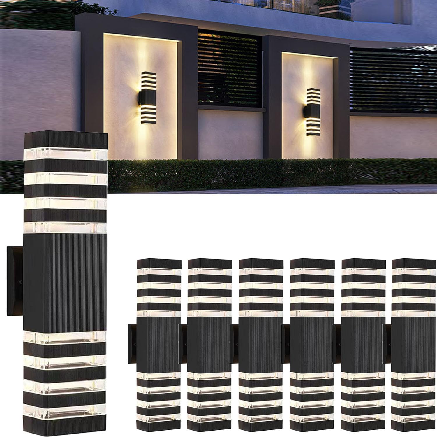 Yongjishun 6Pack 18inch LED Square Up & Down Wall Lights 24W Outdoor Wall Light 4000K Day White Aluminum Body Waterproof IP65 LED Exterior Light Fixtures Wall Mount for House Patio Garage Garden