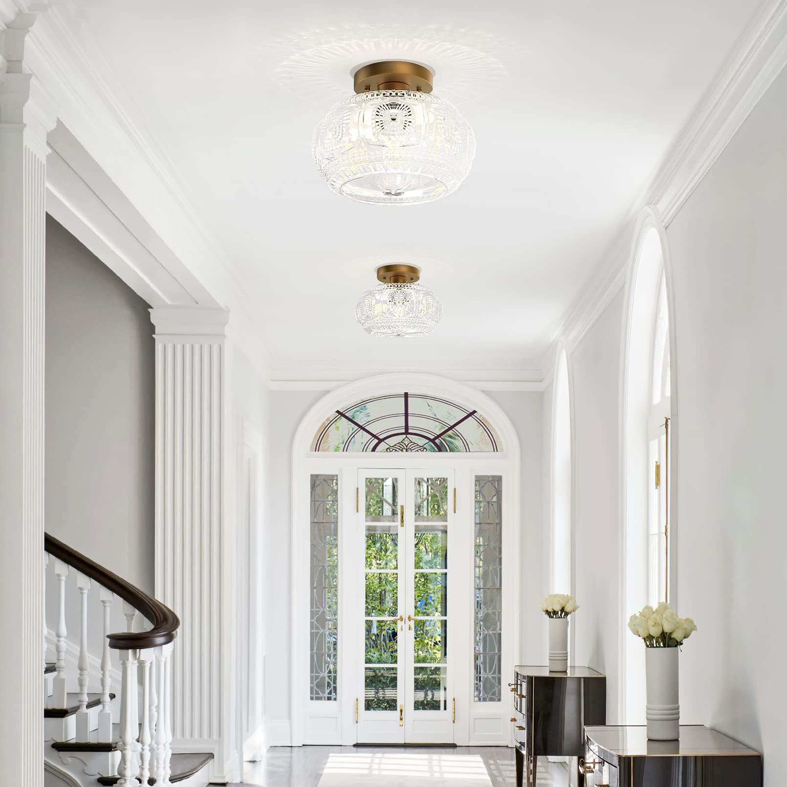 Oykyohei Semi Flush Mount Ceiling Light, Globe Glass Ceiling Light Fixture, Gold Modern Lighting For Hallway Porch Corridor Kitc