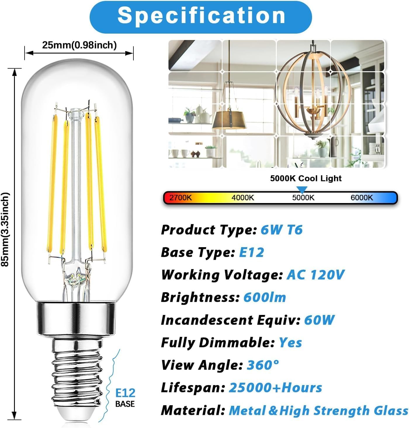 Brightever Dimmable E12 Candelabra LED Bulbs 6W 600lm 5000K Daylight White Glass 6-Pack