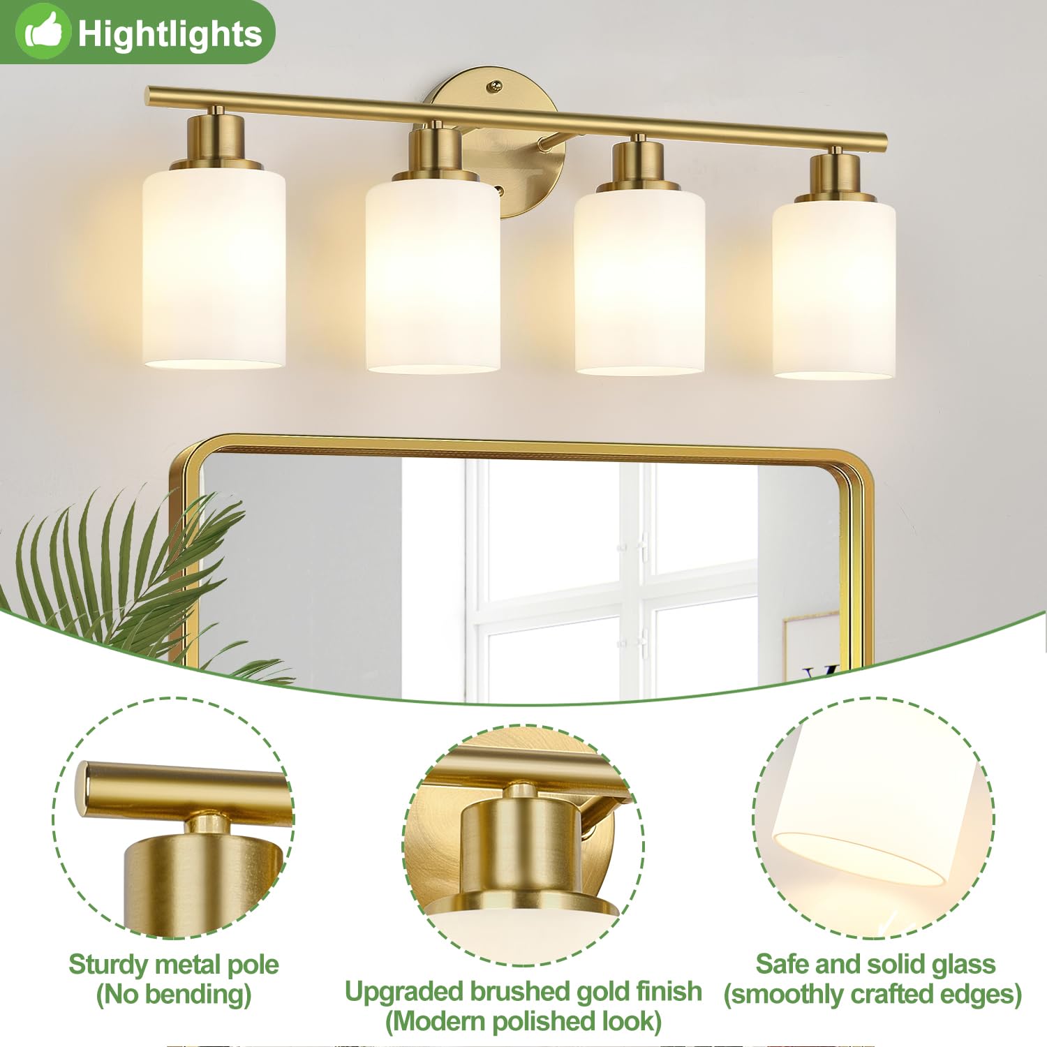 Zarbitta 4-Light Bathroom Light Fixture, Brushed Gold & Milky White Glass, Model OMTYX-016
