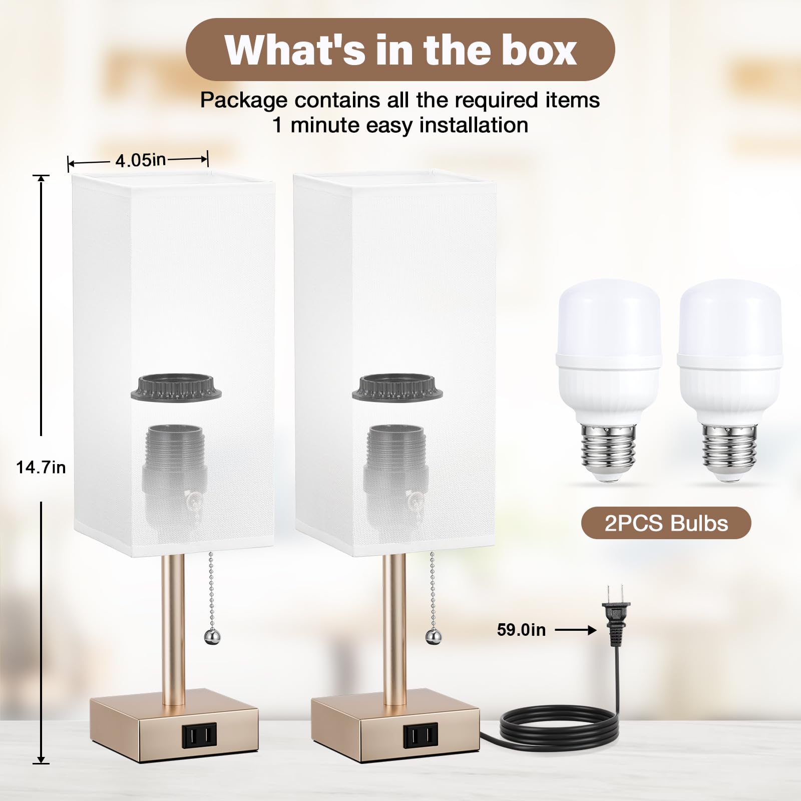 Gold Bedside Table Lamps For Bedroom Set Of 2 - Small Rectangular Nightstand Lamp With Ac Outlet Charging Port, 3 Color Temperat