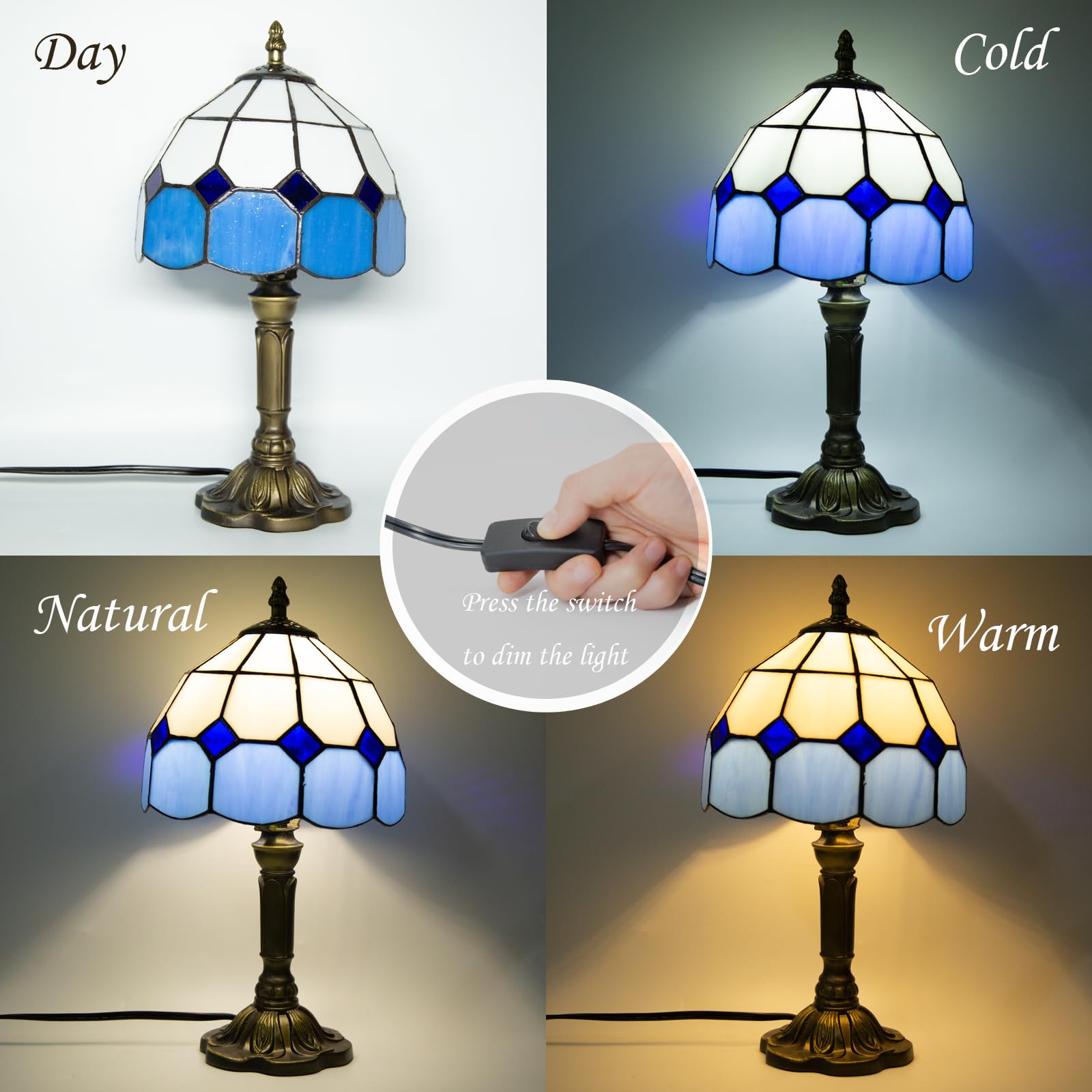 Ppbmocw Stained Glass Lamp,8X14 Inches Small Tiffany Lamp For Bedside,Antique Office,Living Room (B Blue Grid)