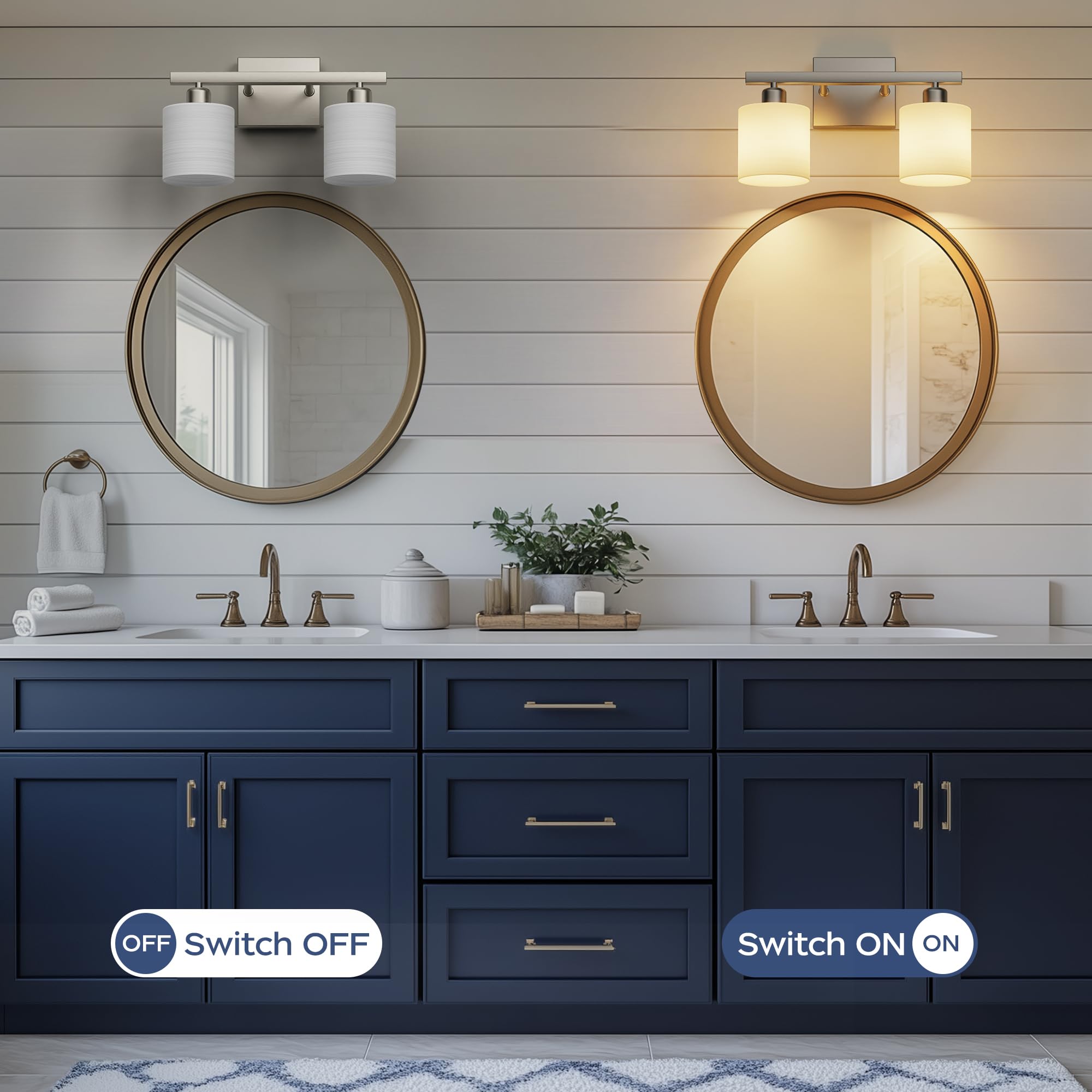 PARTPHONER Classic Vanity Lights, 2-Light Brushed Nickel, Textured Frosted Opal Glass Shades, Model PAWL200AS1
