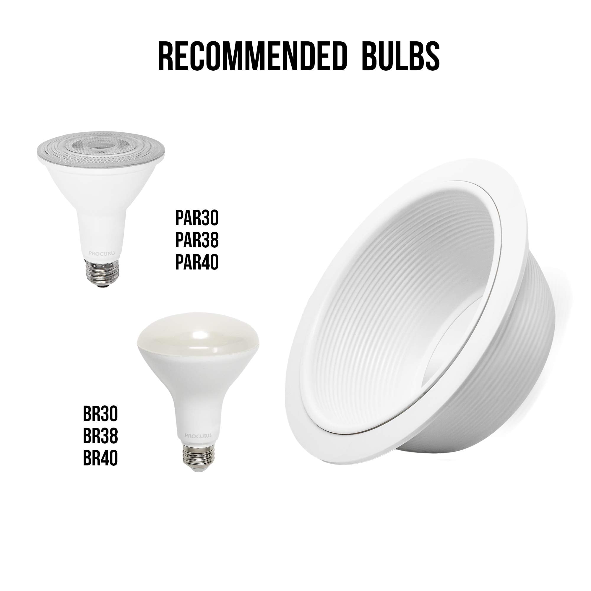 PROCURU 6in Metal Recessed Can Light Trim Cover, Step Baffle, White, 12-Pack, Model PCB630W-12