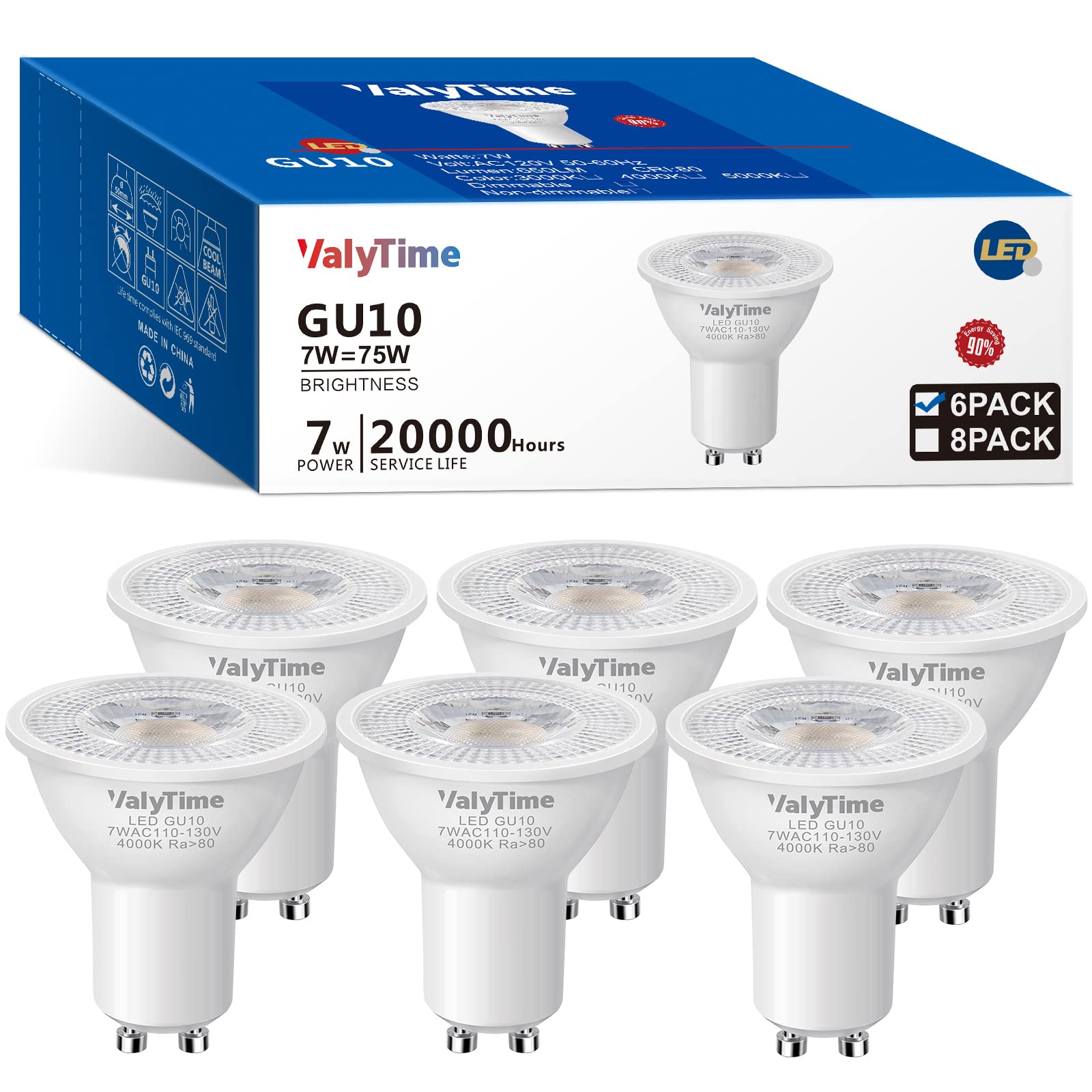Valytime GU10 LED Light Bulbs 7W Equivalent Natural White 4000K 6 Pack Non-dimmable Aluminum for Indoor Recessed Track Lighting
