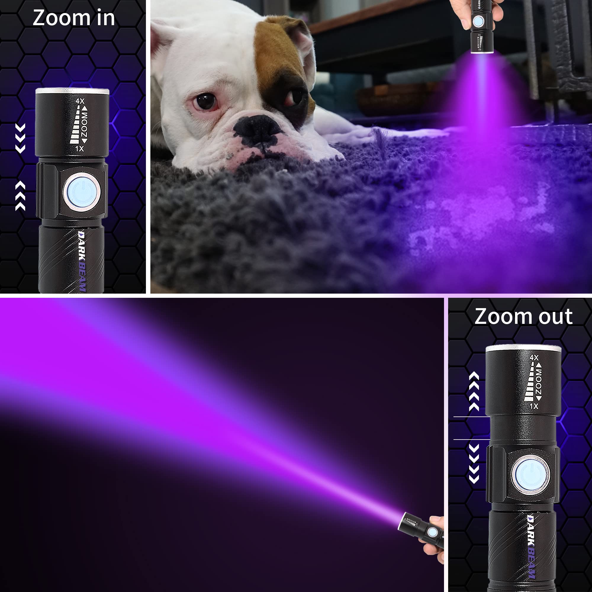 DARKBEAM USB 395nm UV Rechargeable Flashlight - Black Portable LED Light for Dog Urine Detection & Resin Curing