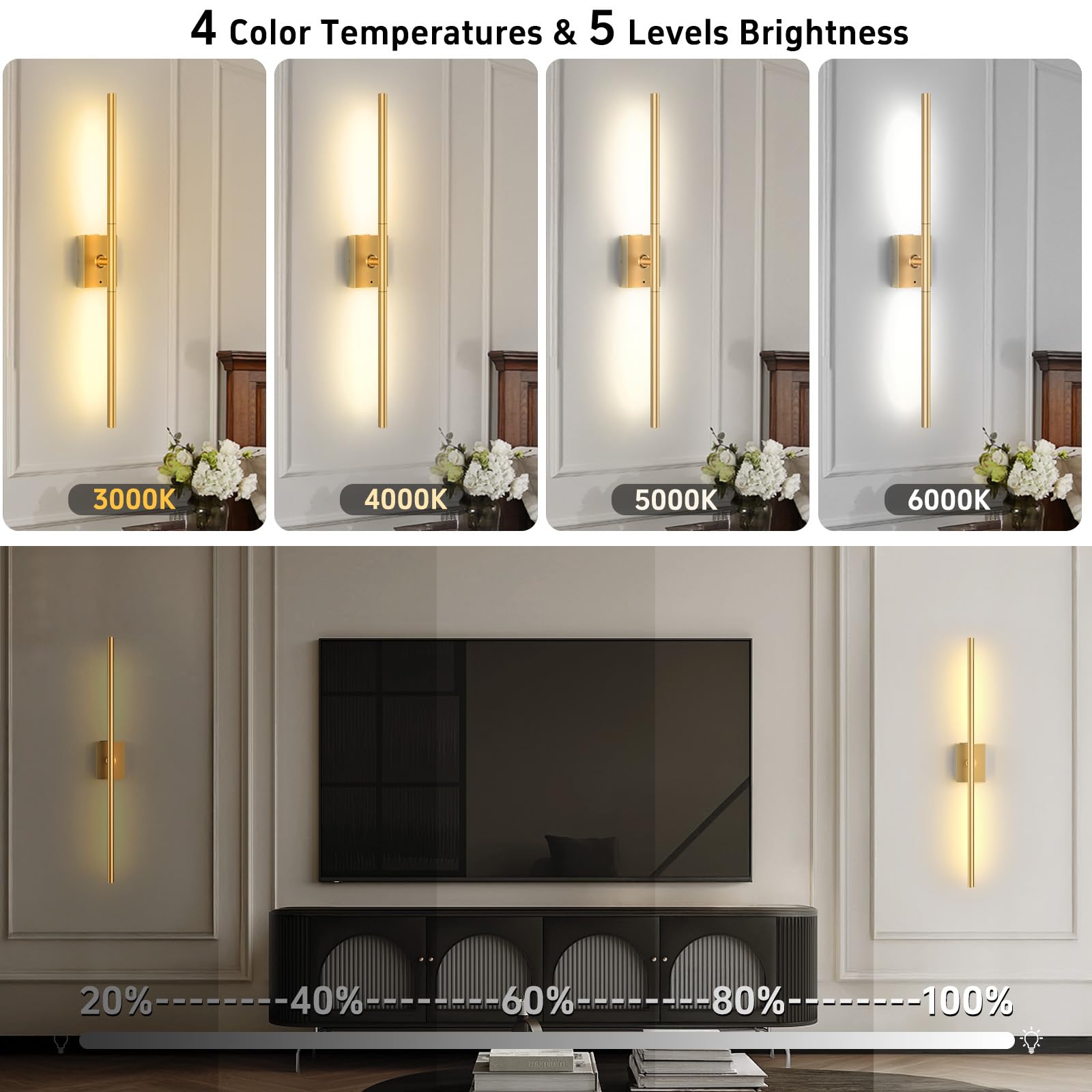 iThird Battery Operated Wall Sconces Set of Two, Dimmable LED Lights, 31.5inch, Gold, Remote Control, Model IT-LP-3272