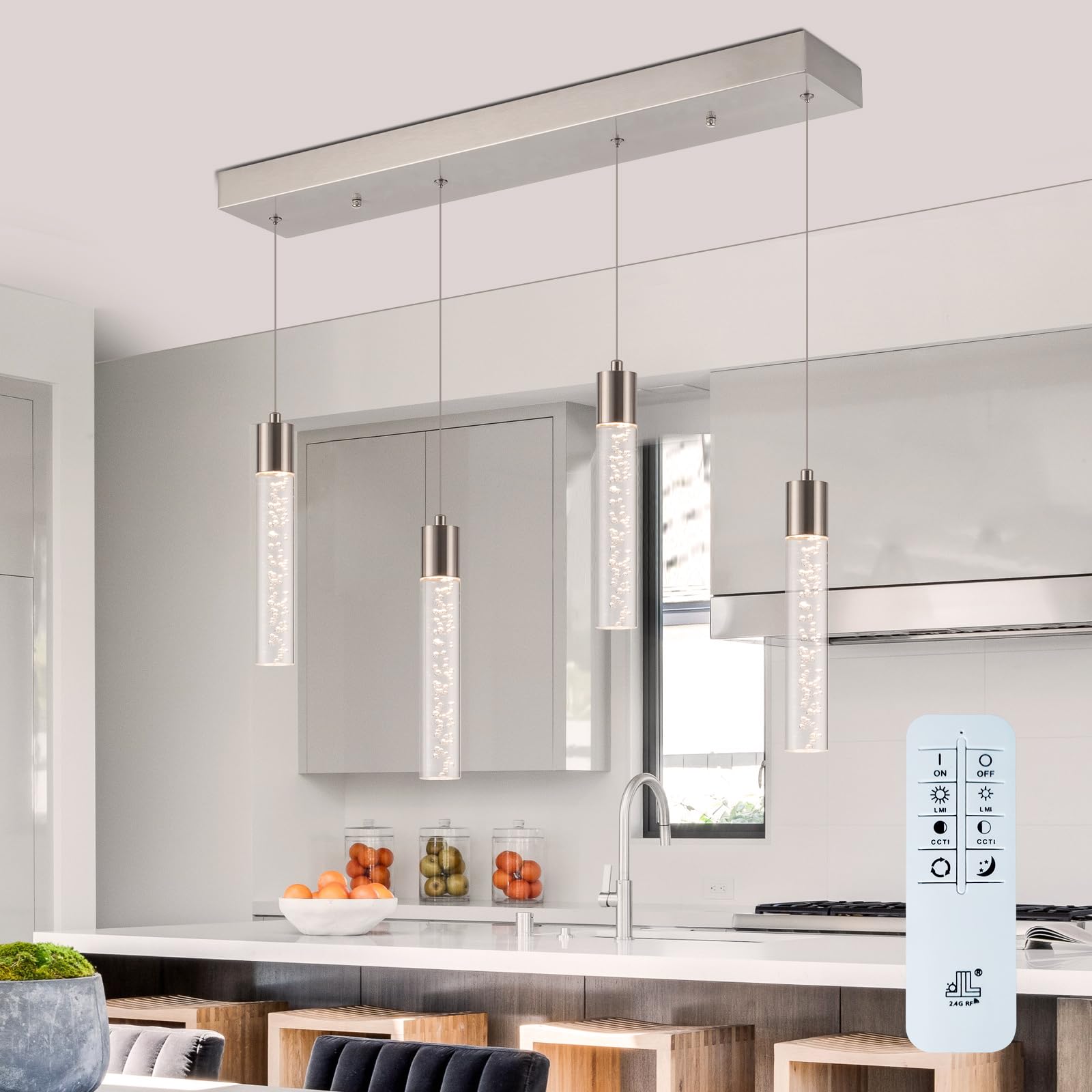 BESTWEST Pendant Light Fixture, 4-Light, Brushed Nickel, Dimmable, Remote Control, Model BW-02-4-BN32W