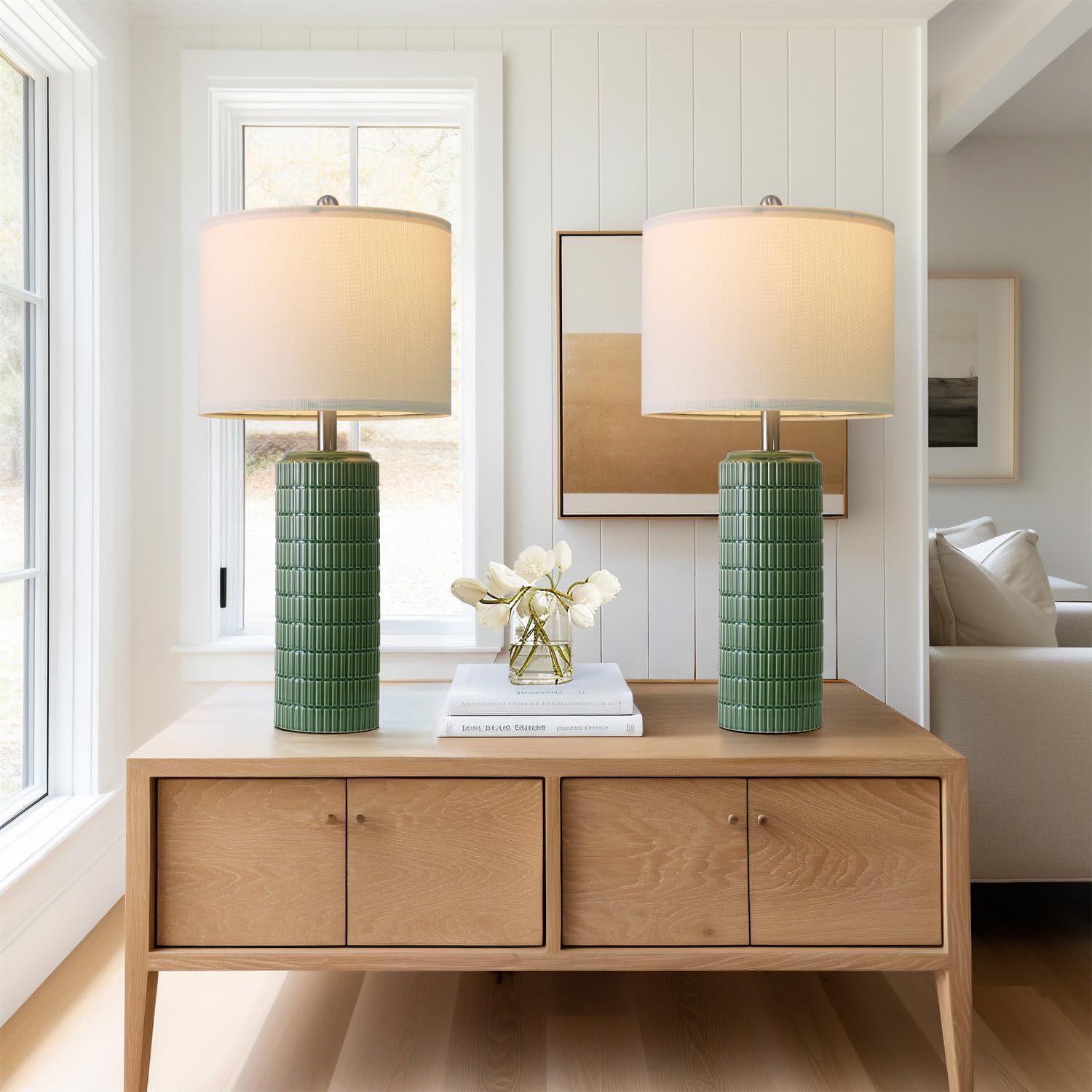 PoKat 27.5" Dark Green Ceramic Table Lamps Set of 2 - Modern Farmhouse Nightstand Decor for Living Room and Bedroom