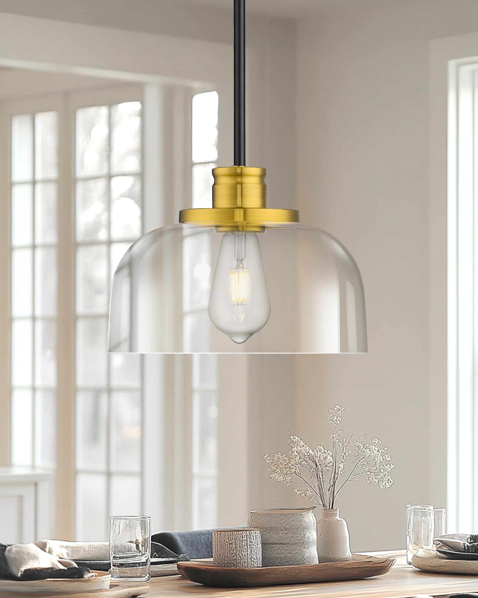 Emak 10" Black and Gold Pendant Light Fixture, Modern Clear Glass Shade, Model PL131-BKBGD-CG for Kitchen, Dining Room, Bathroom, Bar