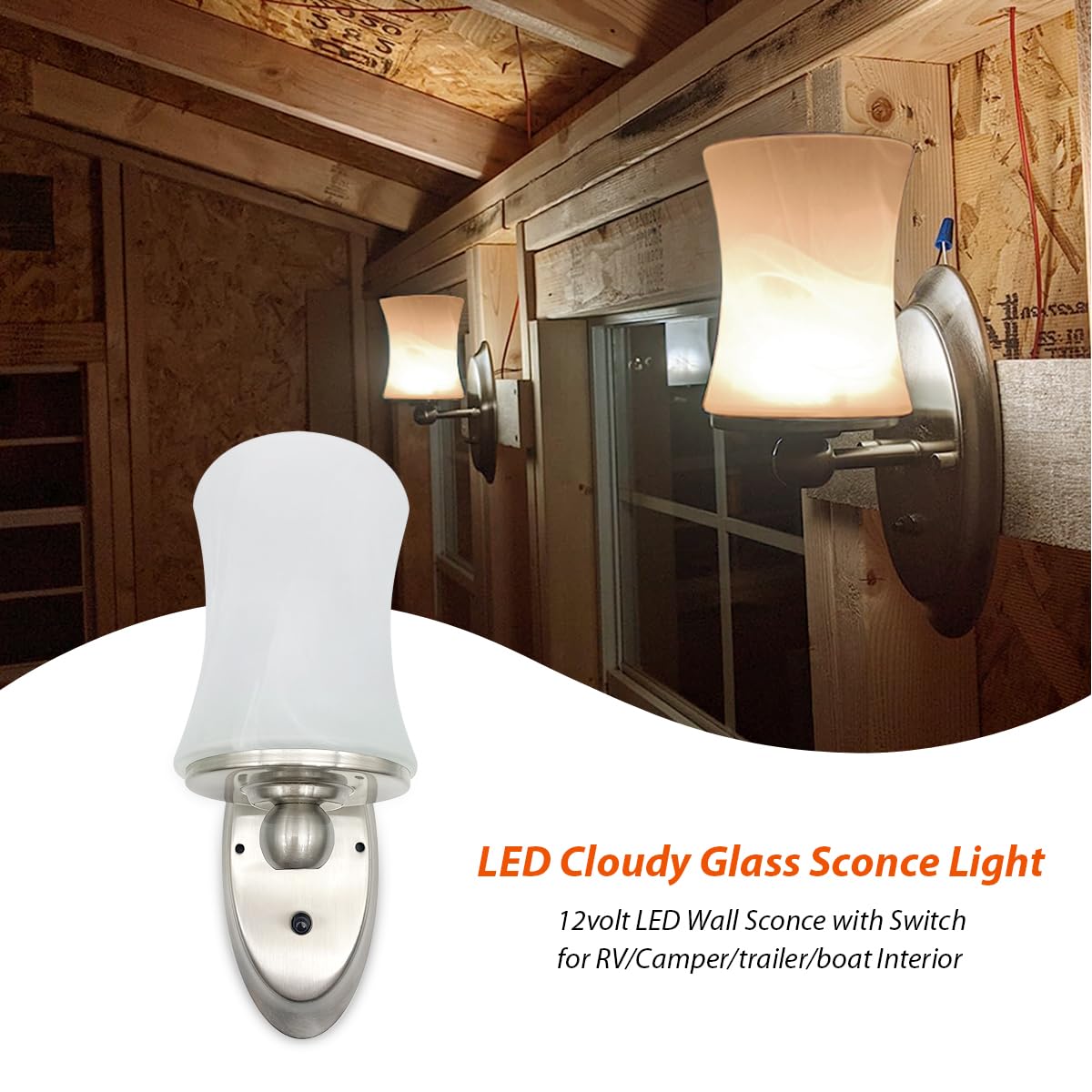 Dream Lighting RV LED Wall Sconce, 12V, Glass Lampshade, Warm White, Coated Steel, H:10in - Model 0018111W