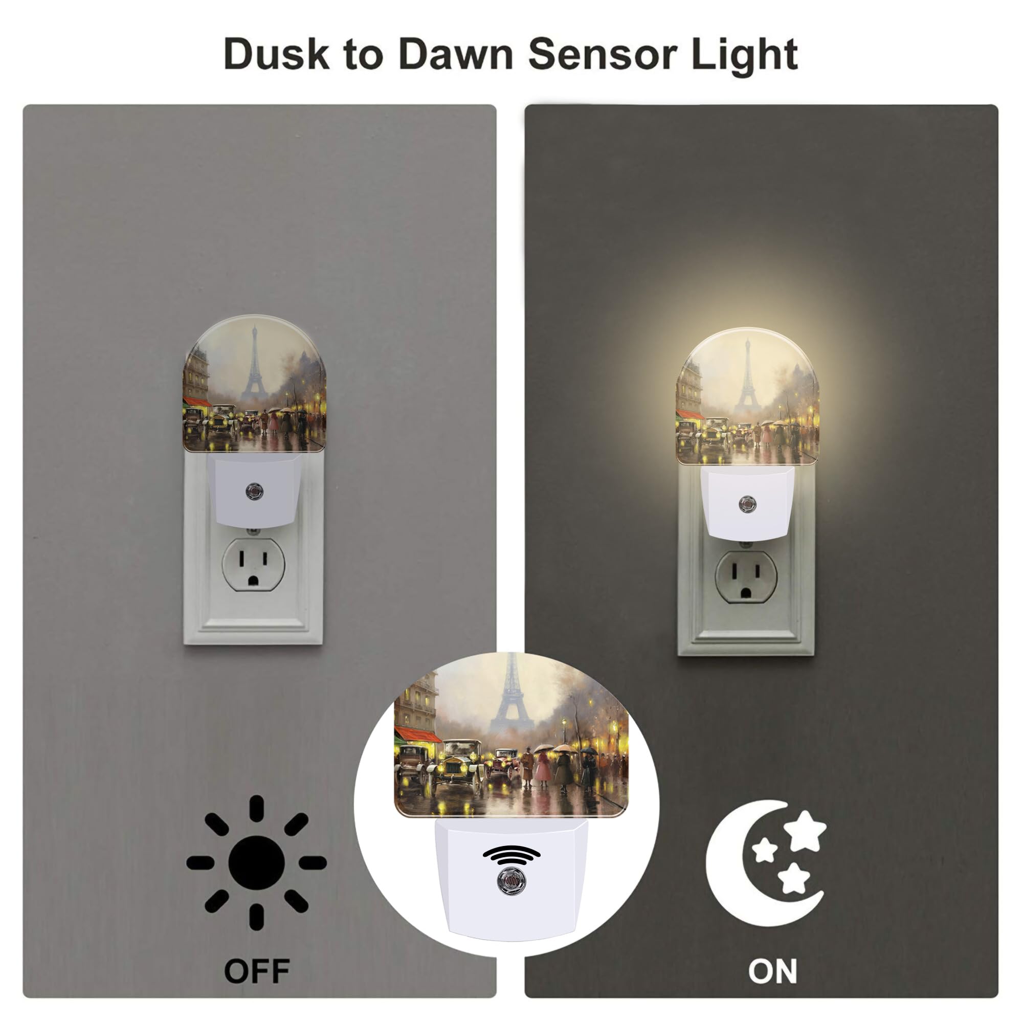 sndheke Paris Eiffel Tower Oil Painting Night Light for Kids,City Street Night View Night Light Plug in with Dusk to Dawn Sensor