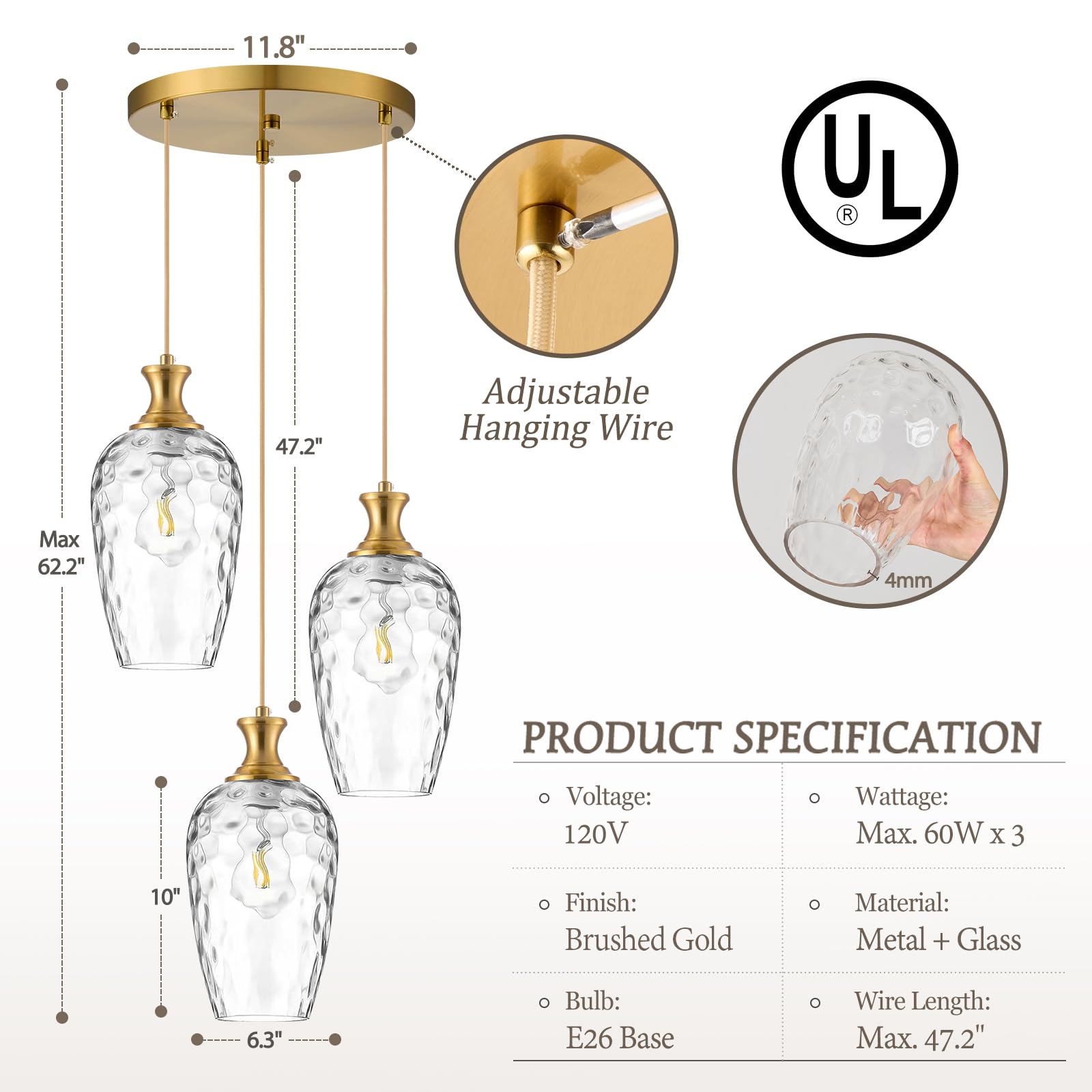 Saduenfr 3-Light Pendant Lighting  Modern Brushed Gold Dining Room Chandelier Light Fixture Over Table With Hammered Glass  Brass Cluster Hanging Lights For Kitchen Island Dining Room Bedroom  E26