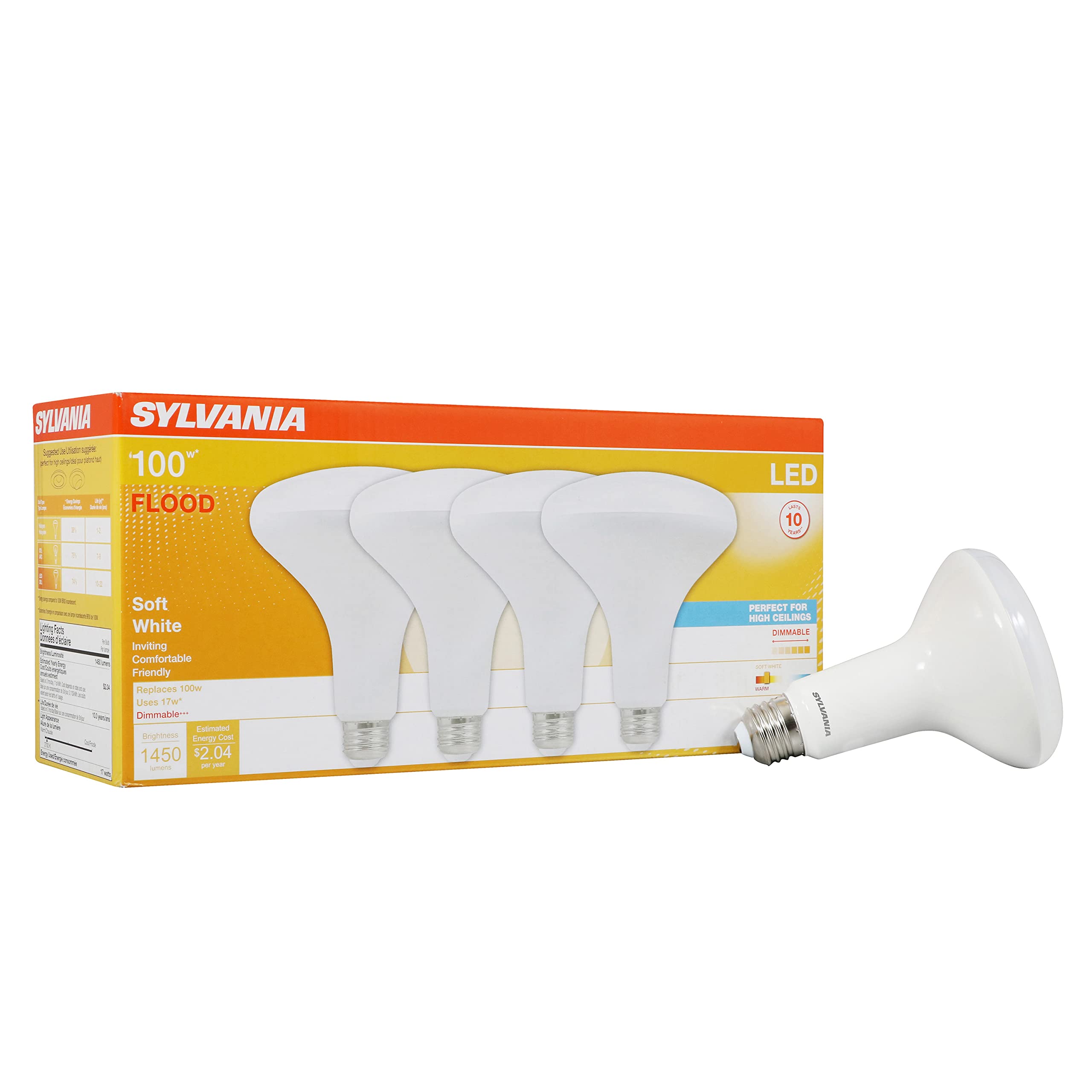 Sylvania Br30 Led Flood Light Bulb, 100W = 17W, Dimmable, 10 Year, Medium Base, 1450 Lumens, 2700K, Soft White - 4 Pack (40070)