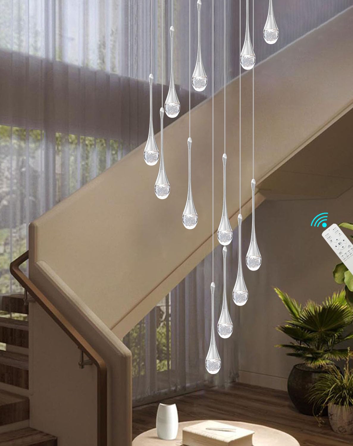 ykolupty Crystal Raindrop Chandelier, 12 Lights, Silver, Model TP0038-12Y, LED Dimmable Lighting for High Ceilings