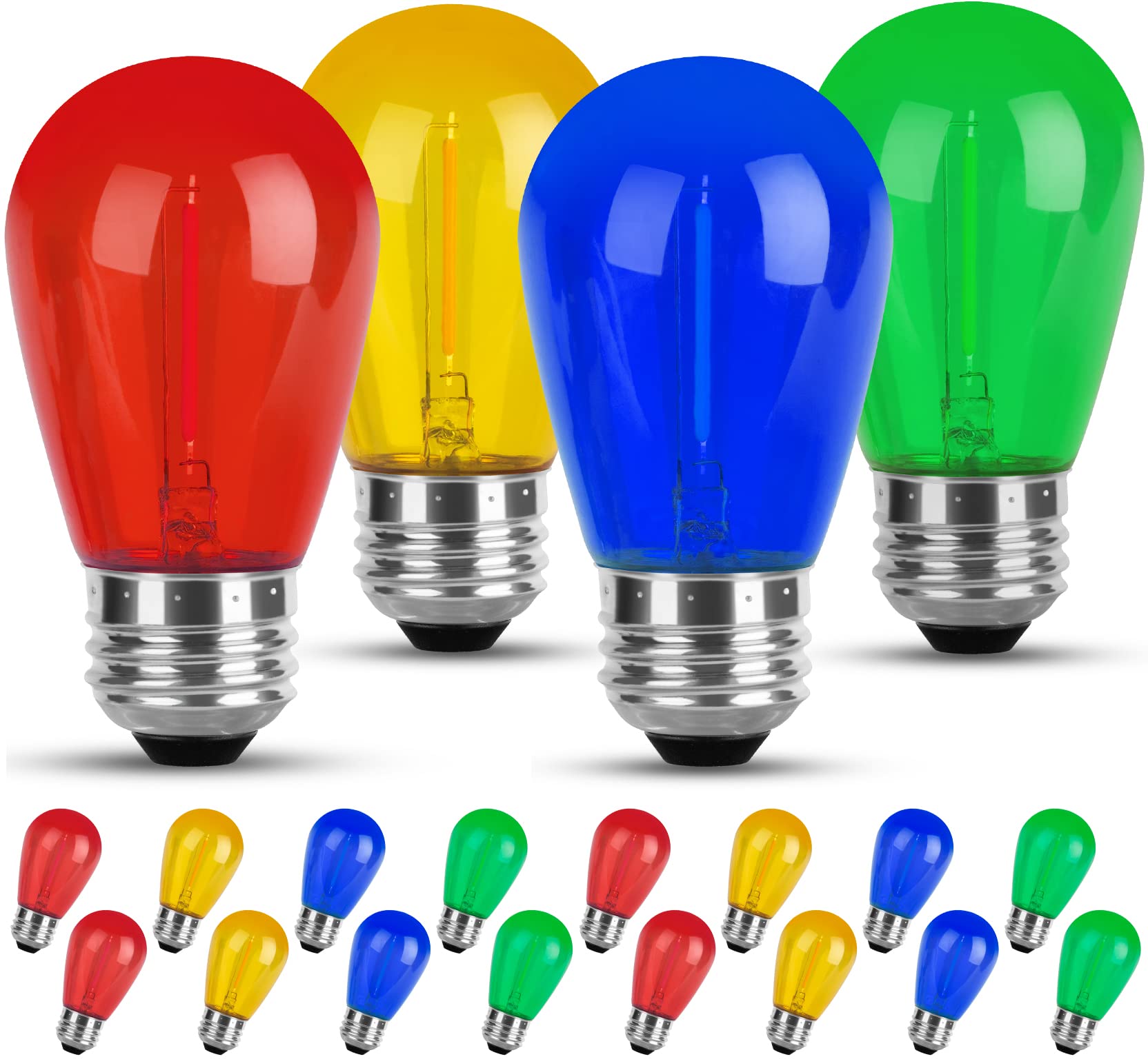 We Charger Colored Led String Light Bulbs16 Pack for Replacement, S14 Multi-Color Bulb with E26 Screw Base, Red/Green/Blue/Yello