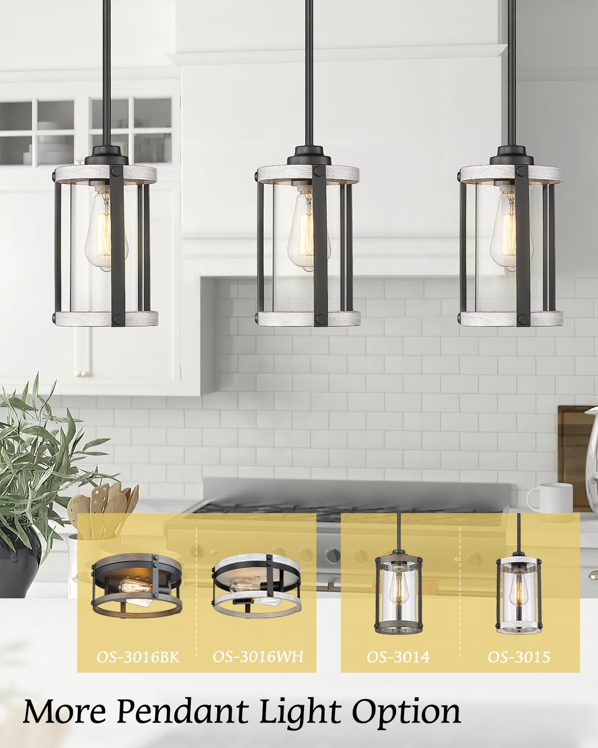 Osimir Farmhouse Pendant Light Fixtures, 1-Light Rustic Oak White Pendant Light Fixtures, Mini Glass Hanging Lighting With Rod F