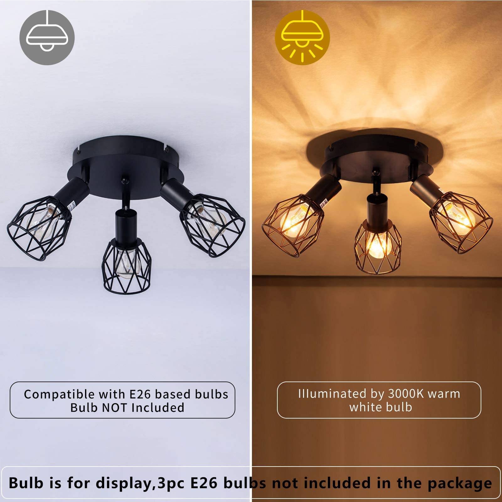 zhkung Industrial Semi Flush Mount Ceiling Light, 3-Light Vintage Black Metal Wire Cage, Model zhkung-001