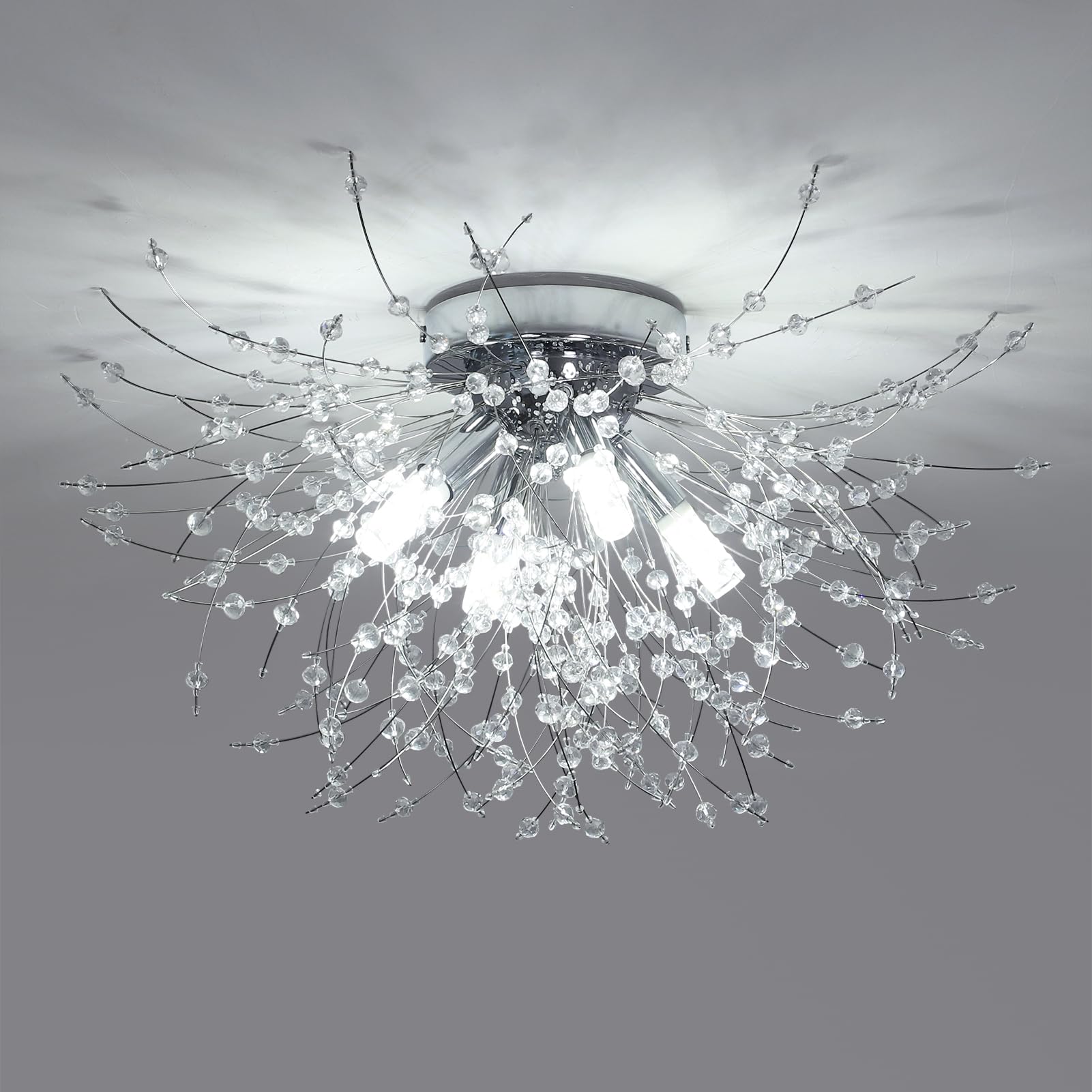 HMVPL Chrome Crystal Mini Firework Chandelier, 4-Light, Modern Design, Model 230401A1, Suitable for Bedroom, Kitchen, Dining Room