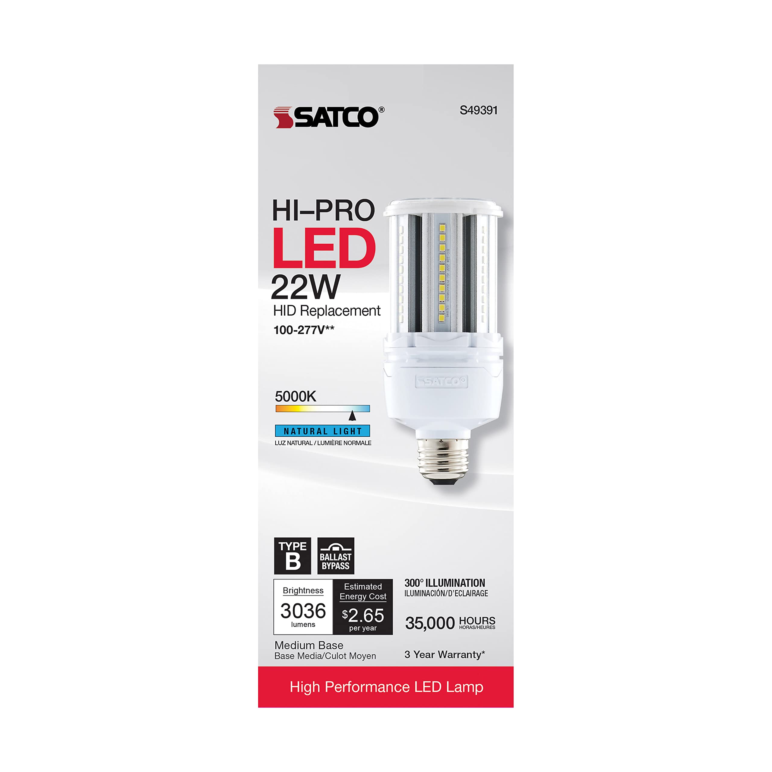 Satco 22W Led Hid Replacement 80 Cri 5000K Medium Base Economy Hi-Pro 100V-277V