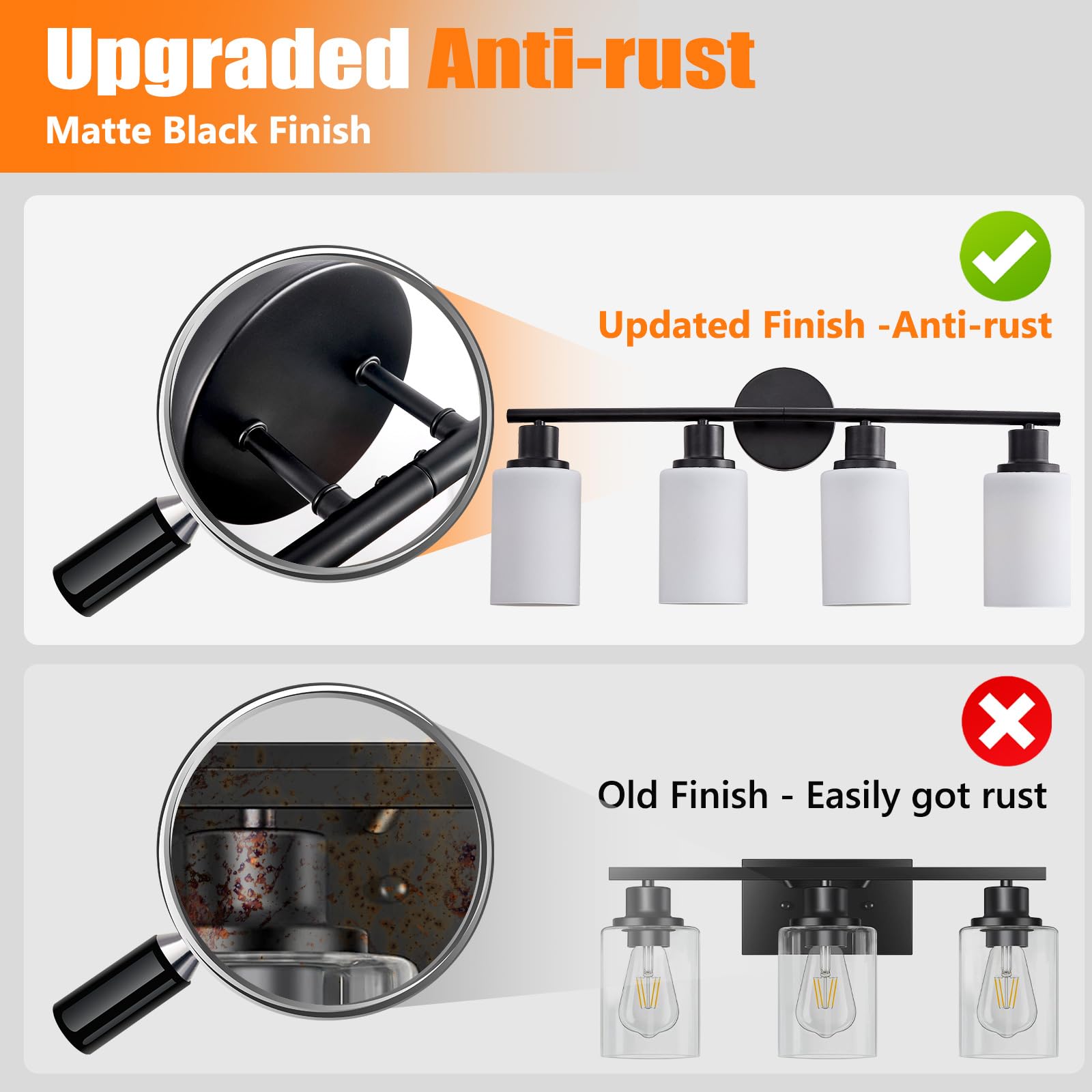 DINGLILIGHTING DLLT 4-Light Bathroom Light Fixtures - Black Metal Vanity Lights with Milky White Glass Shade