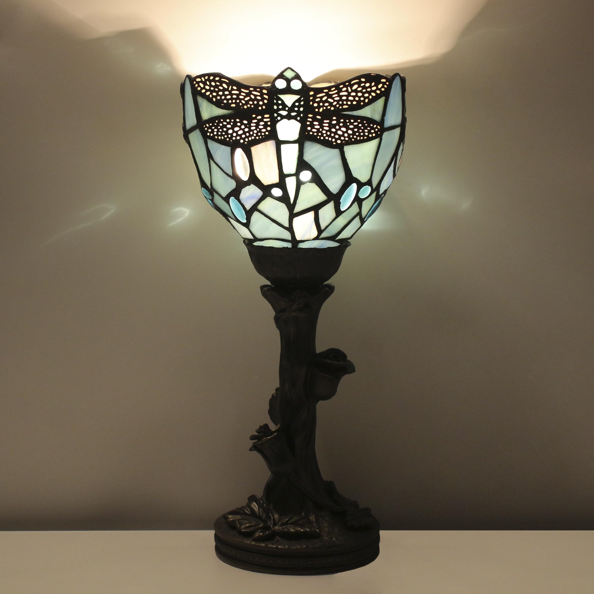 Avivadirect Small Tiffany Lamp Mini Stained Glass Table Lamp Blue Dragonfly Accent Desk Uplight W6 H13.5 Inch Bronze Resin Base