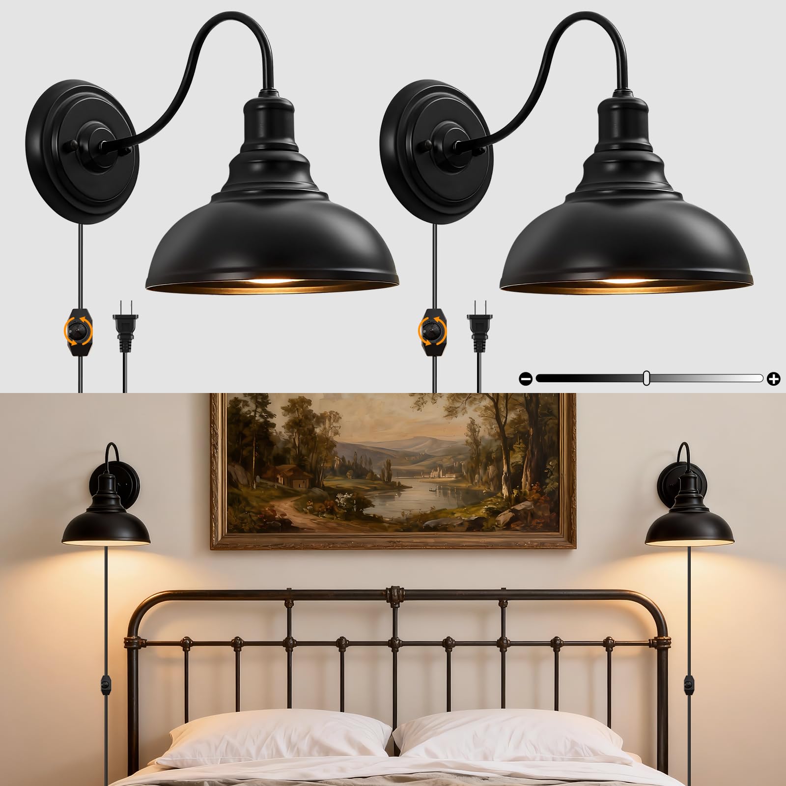 Lightess Plug in Wall Sconces, Farmhouse Sconce with Dimmer, Black Barn Wall Light Fixture with Dimmable Switch on The Cord, Ind