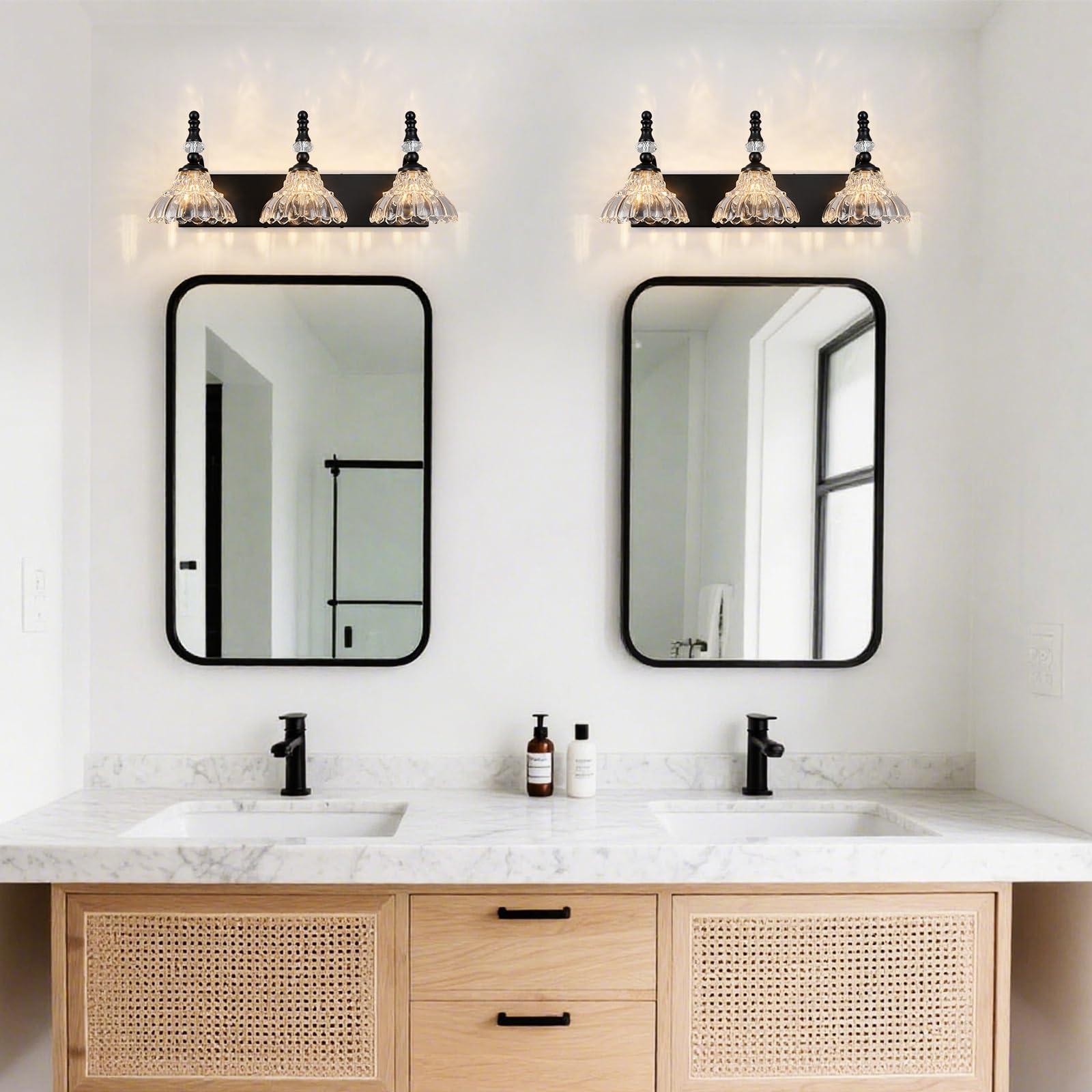 Lbsqj Vintage Bathroom Vanity Light  3-Light Black Vanity Lighting Fixture With Flower Glass Shade  Bathroom Lighting Fixtures Over Mirror