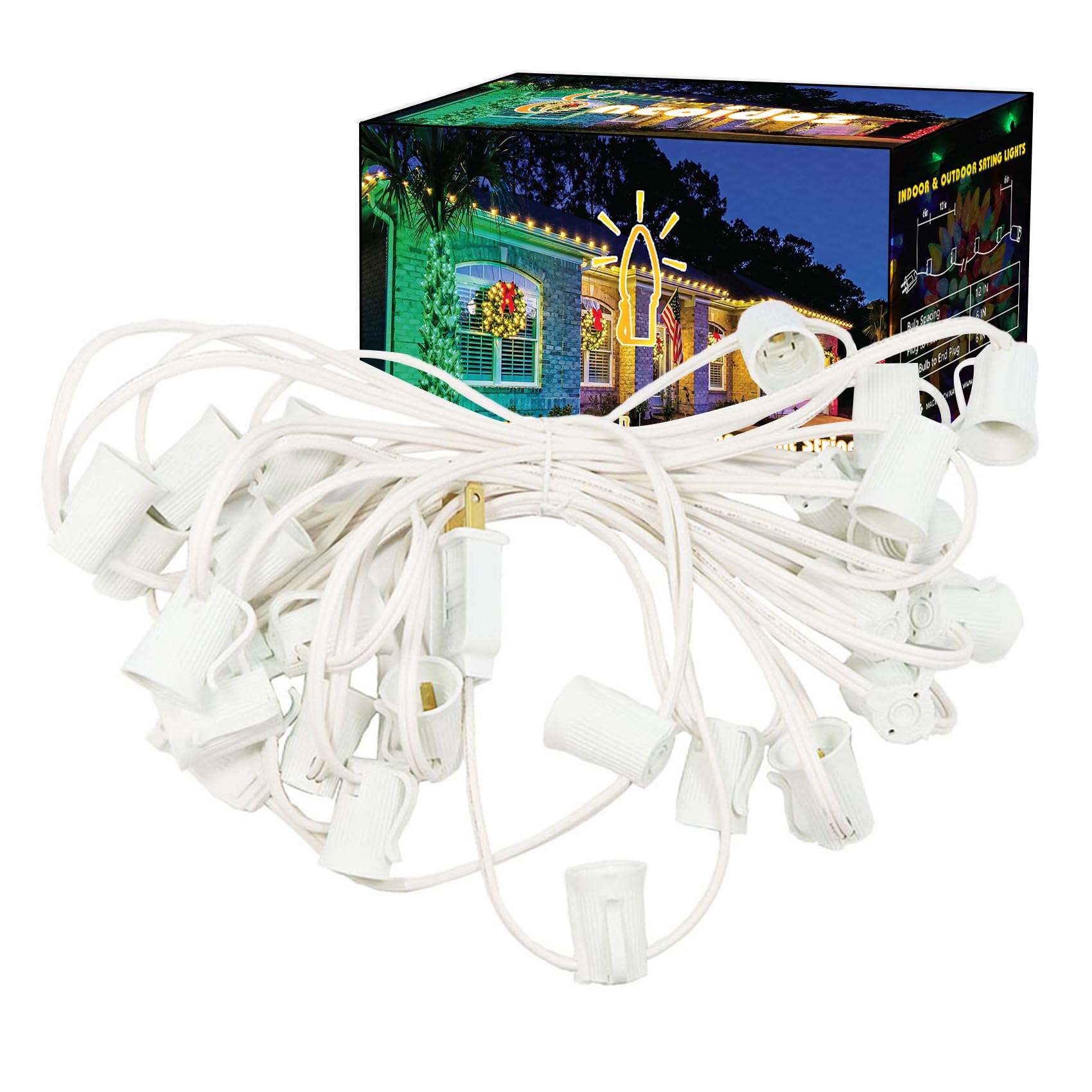 Encoidoz 25FT C9 Light String Christmas Stringer  E17 Light Sockets 12 Spacing  C9 Stringer Set White Outdoor String Lights Strand for Wedding Patio Event Lighting Decor  White Wire