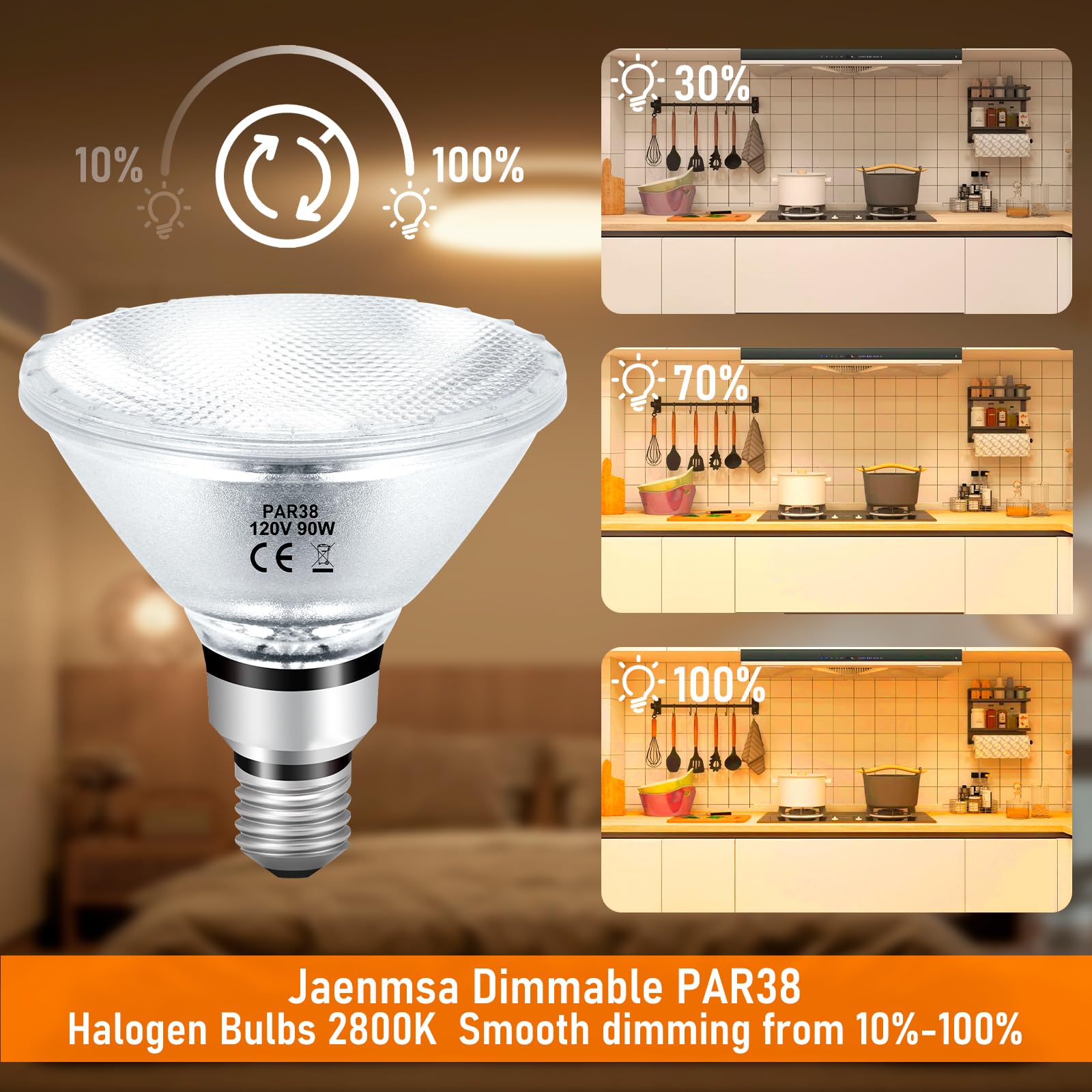 Jaenmsa Par38 Halogen Flood Light Bulbs 90W 120V, 2Pcs Par38 Halogen Light Bulbs With E26 Base, 2800K Warm White, 4050 Lumens Fo