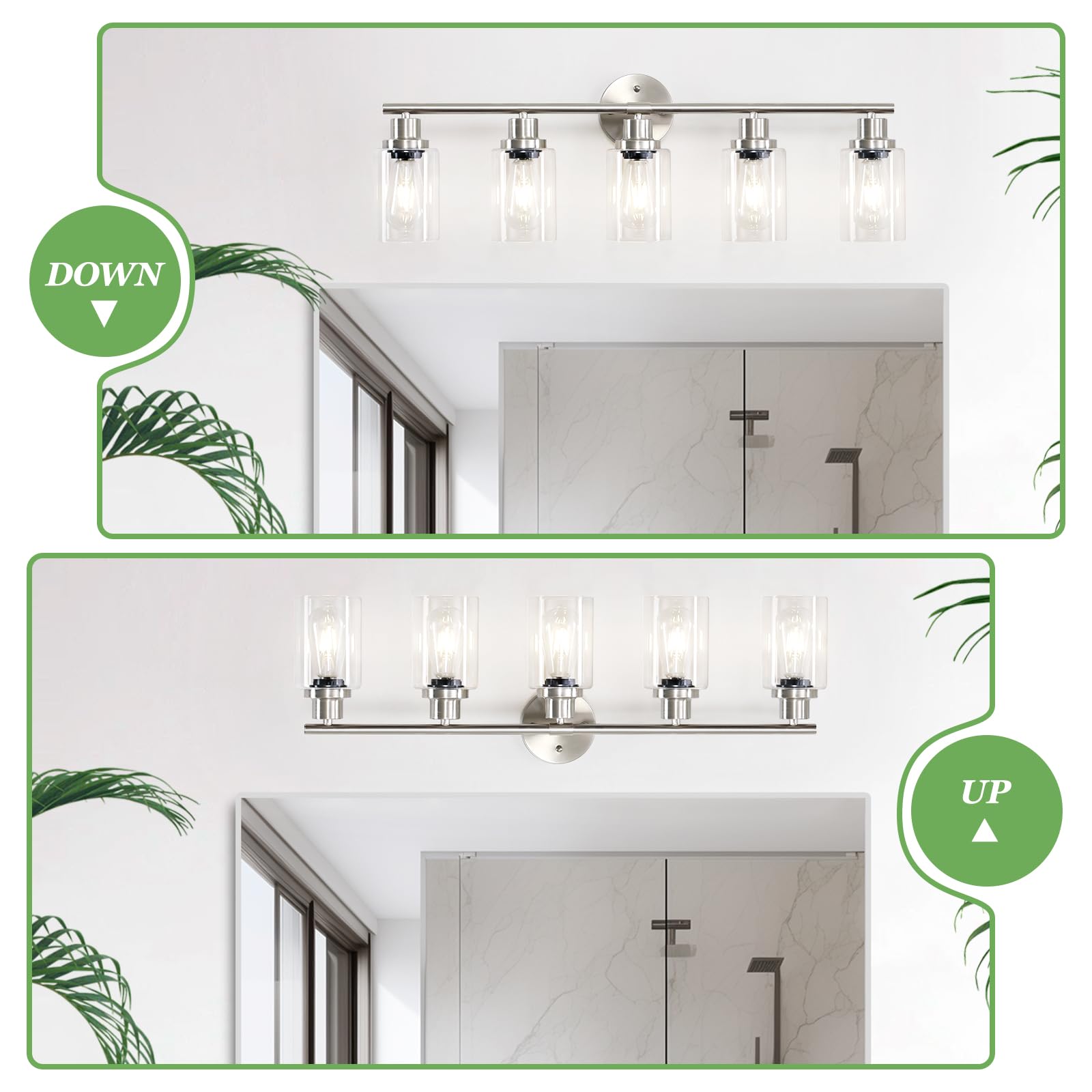 Guliaofo 5-Light Brushed Nickel Bathroom Vanity Light Fixtures with Clear Glass Shade, Modern Wall Sconces for Home Decor