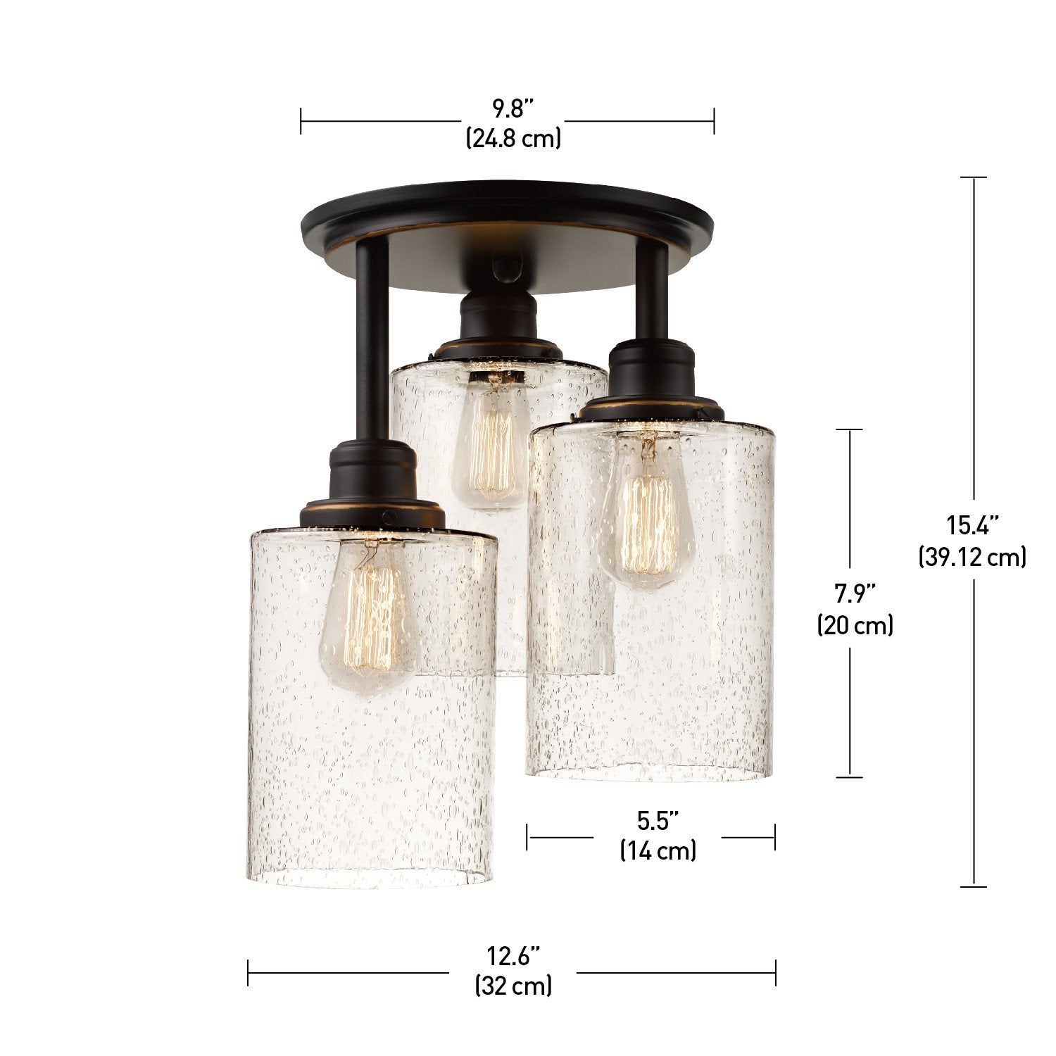 Globe Electric 65904 3-Light Ceiling Light Fixture, Oil-Rubbed Bronze, Metal, 15.4in with Seeded Glass Shades, Ideal for Kitchen, Bathroom, Bedroom