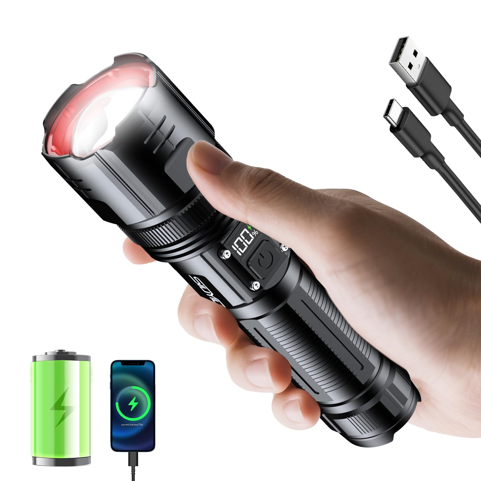 Siuyiu Flashlights High Lumens, USB Rechargeable Flashlight with LCD Digital Power Display, Zoomable LED Super Bright Flash Ligh
