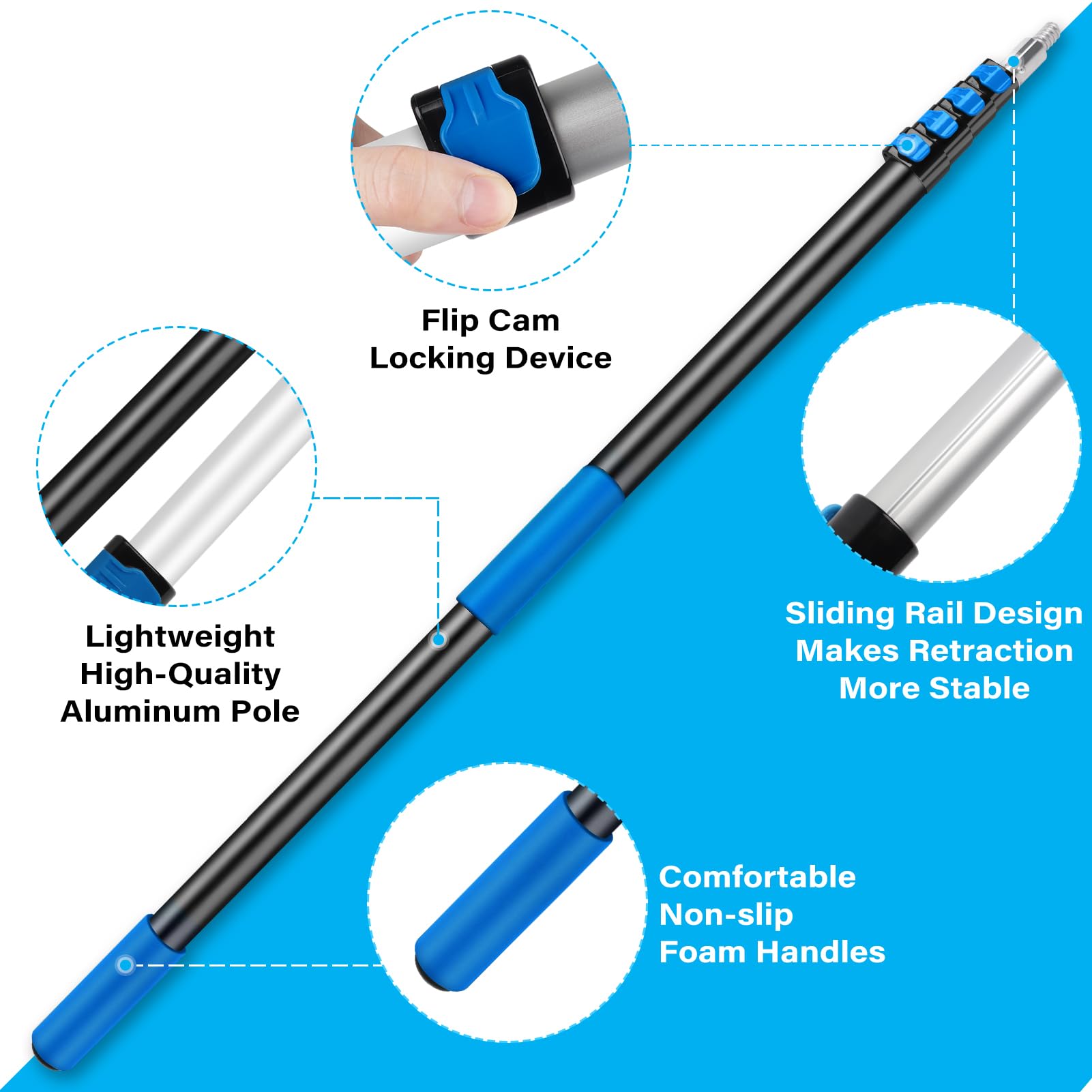 VASALAID Light Bulb Changer - 26FT Reach with 20FT Telescopic Pole, Aluminum, Blue, Model Lightchanger-20ft for High Ceilings