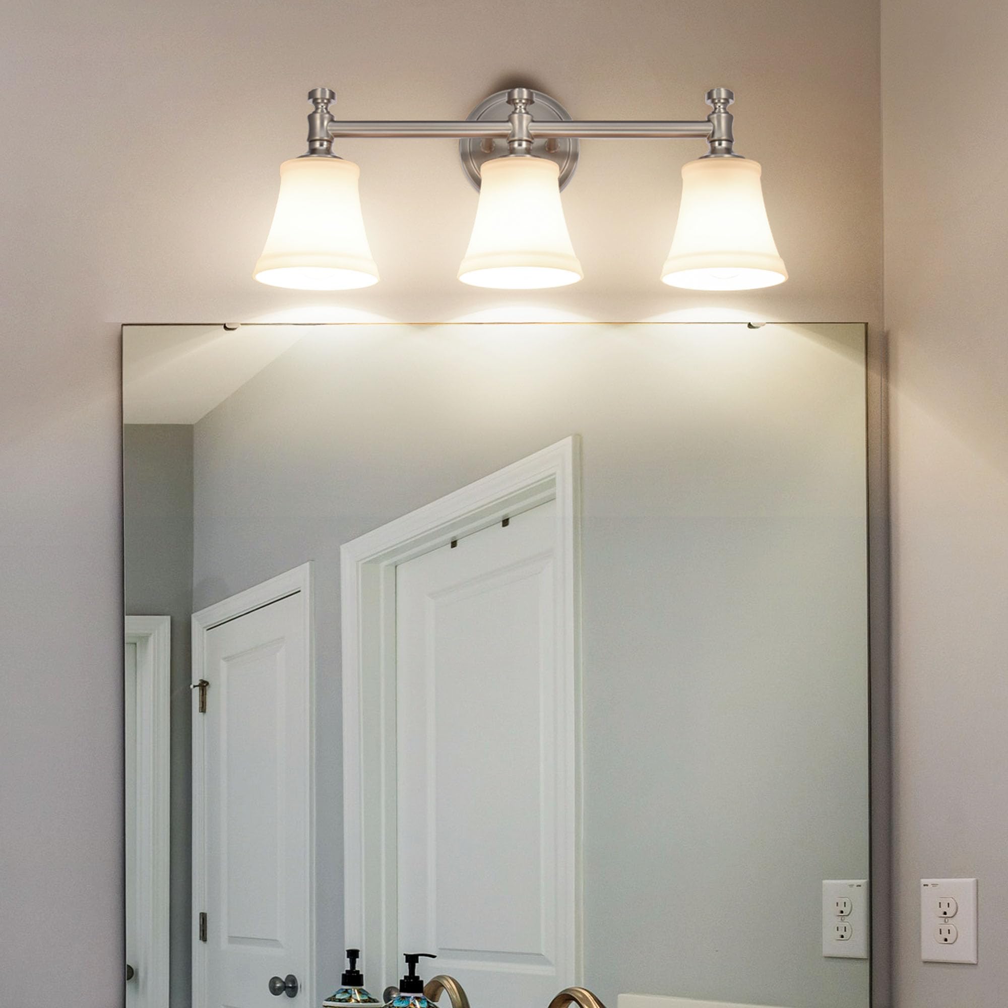 Hanaloa Bathroom Vanity Light Fixtures, Traditional Brushed Nickel 3 Lights Wall Sconce Lighting With Opal Glass Shade, Porch Wall Mount Light Fixture For Bathroom, Mirror Cabinets Hallway Stairs