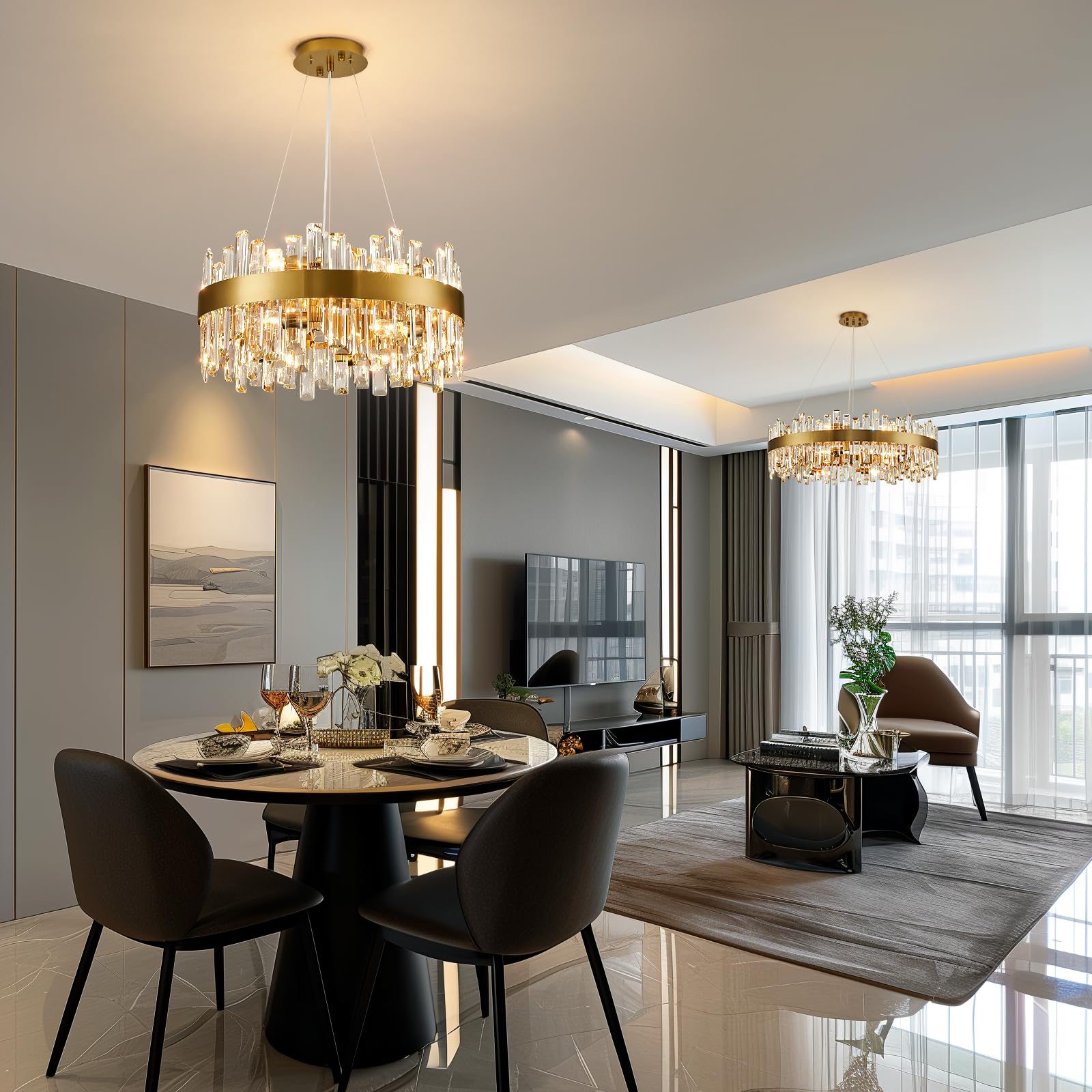 Siljoy Modern Crystal Chandelier, 12 Lights, Brass Gold Finish, Round 19.7 Inch, Clear Crystal, Model FSK0607