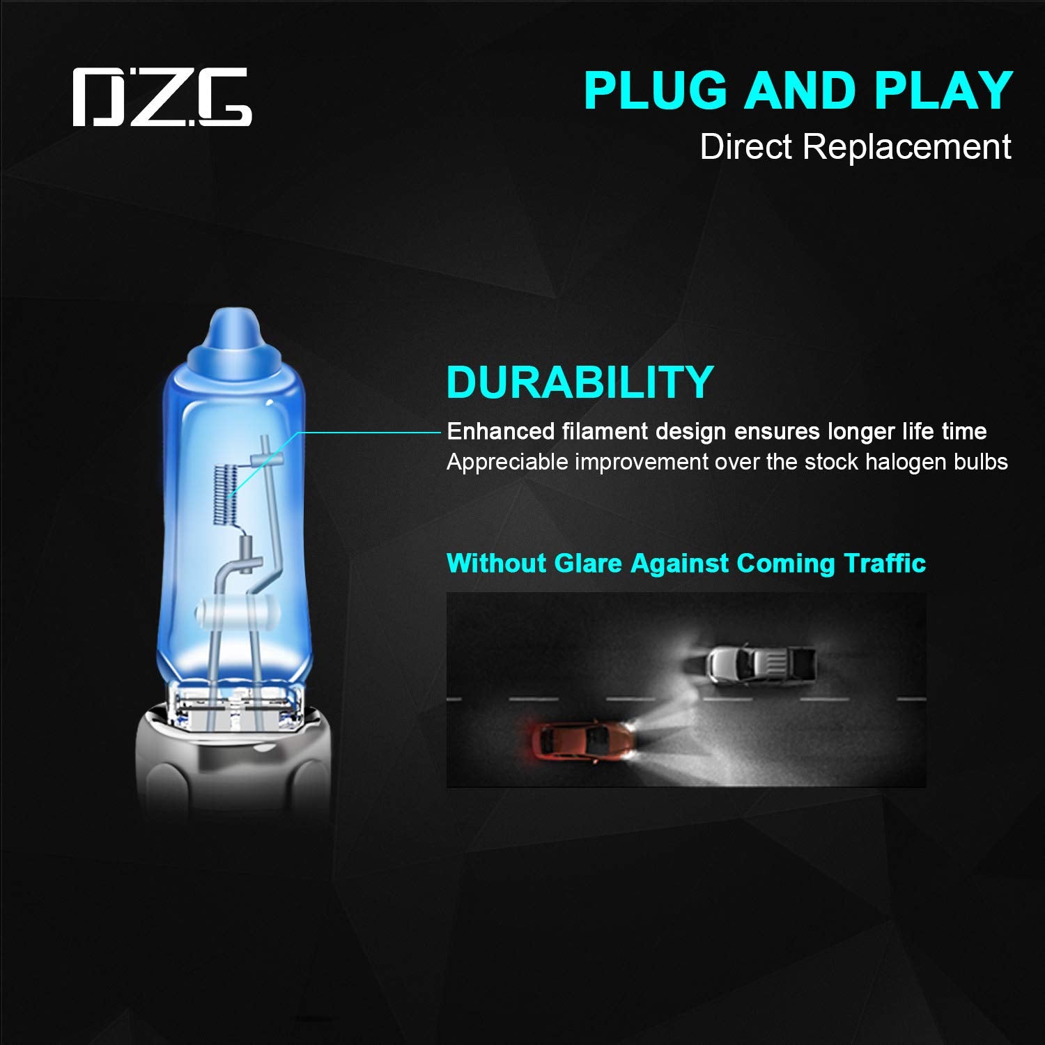DZG Halogen Headlight Bulbs HB3 9005, 5500K Warm White, 12V 100W, 2 Pack