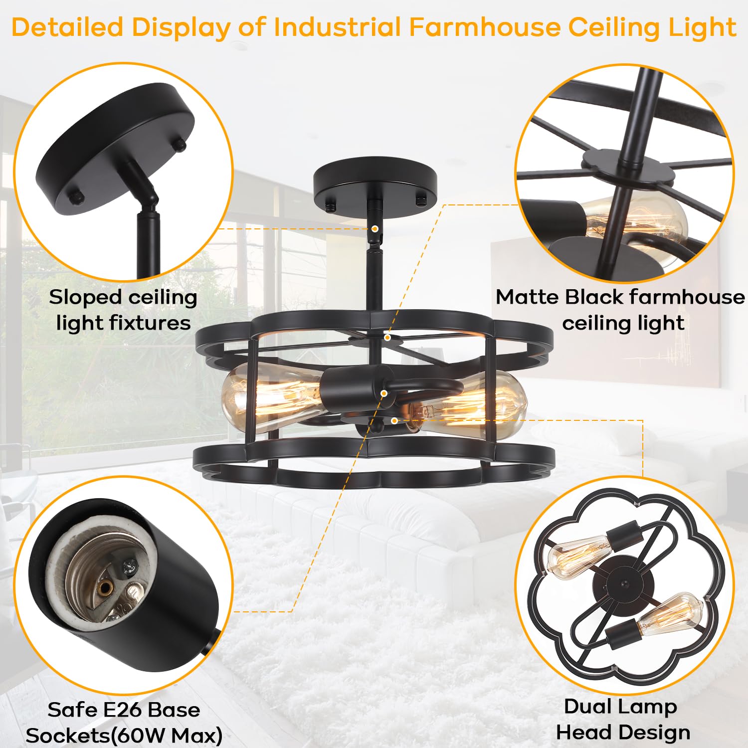 Semi Flush Mount Ceiling Light, Sloped Ceilings Lights Fixtures, Black Farmhouse Flower 2-Light Chandelier, Adjustable Height Me