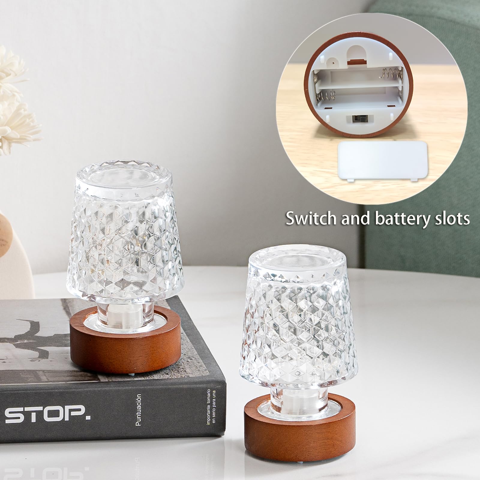 PWTZMYXGS Mini Battery Lamp, Vintage Crystal Night Light with Timer, Cordless Bedside Lamp for Bedroom, Model PWT-2-1-1