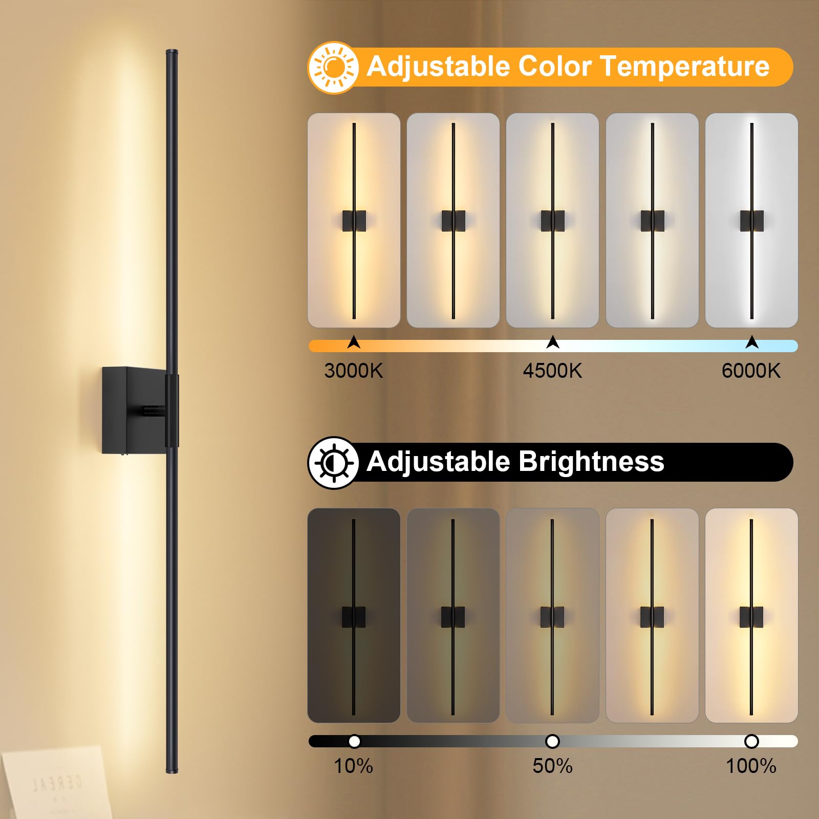 JZEKVN Wall Sconces Set of Two, 39.4in Dimmable Black LED Lights, Battery Operated, 350° Rotation, Model 20241114002