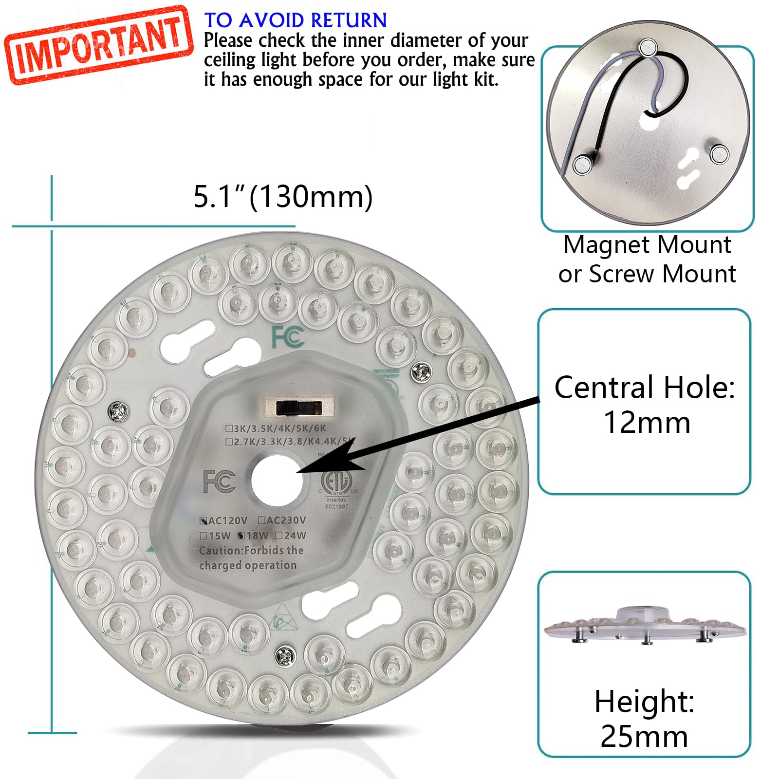 Zhairdalstar 18W-36W 5CCT LED Ceiling Fan Light Kit, ETL Listed Retrofit Light Engine, Clear Aluminium Panel Replacement