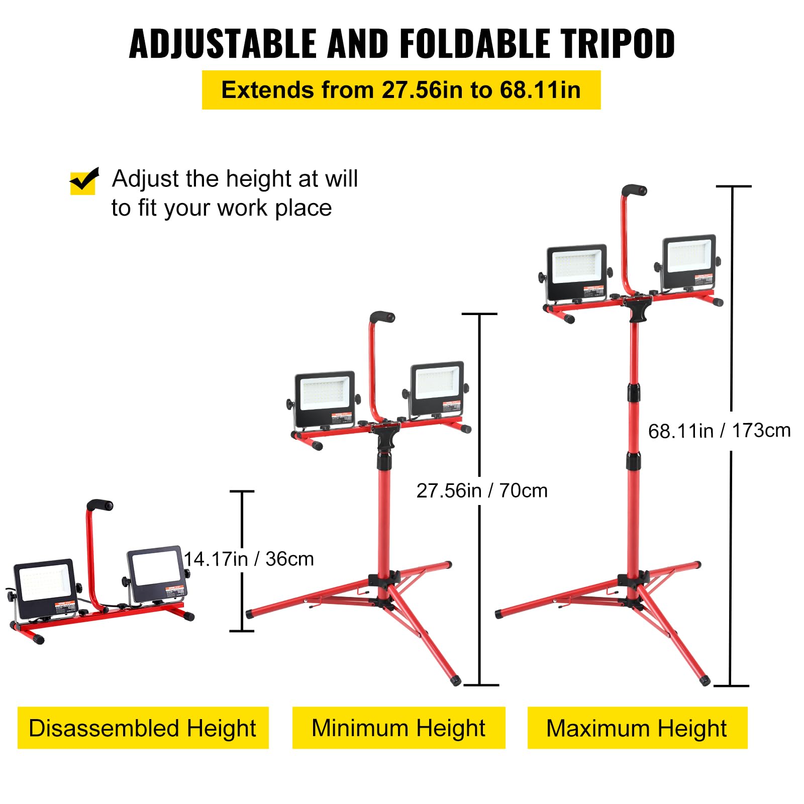 Vevor Led Work Light With Stand, 2Pcs 10000 Lumen Dual-Head Led Work Light With 27.6''-68.1'' Adjustable And Foldable Tripod Sta