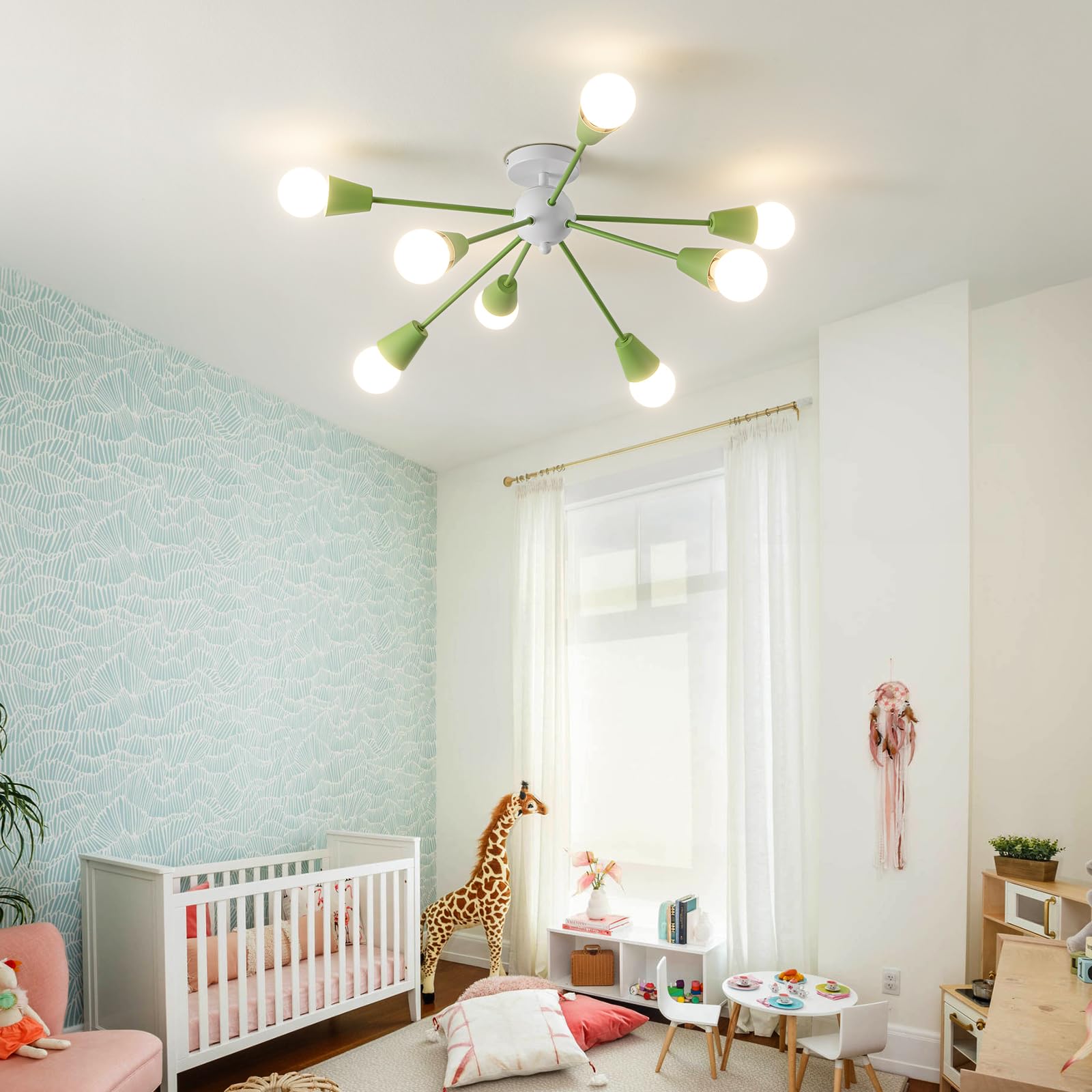 Ymlii Green Sputnik Ceiling Light Fixture, 8-Lights Modern Sputnik Chandeliers For Dining Room,Indoor Kitchen Island Lighting Fo