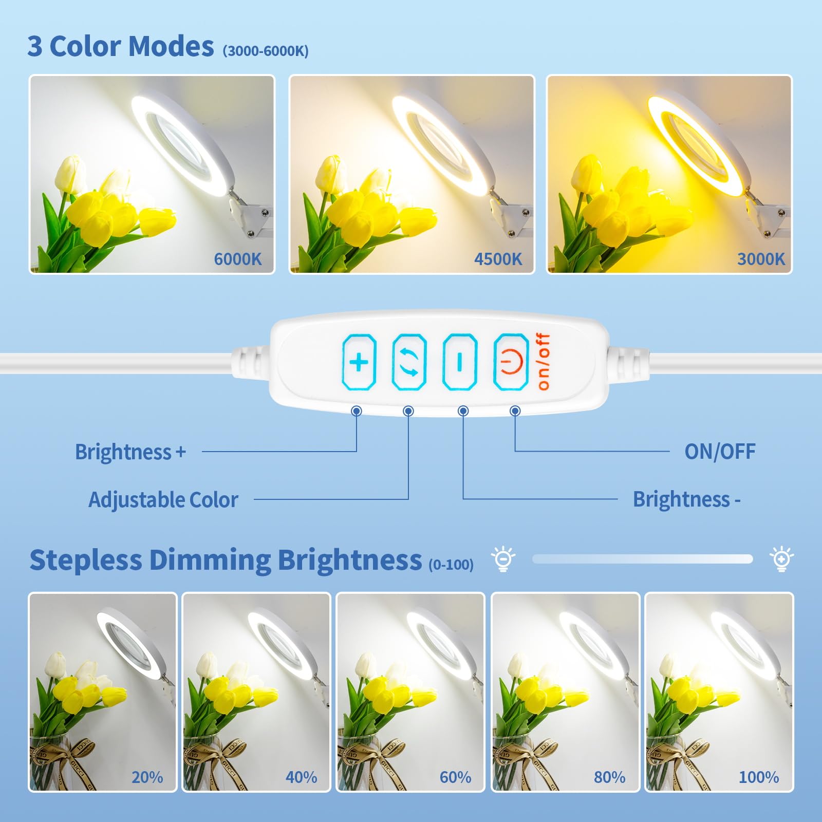 Hitti 10X Magnifying Glass With Light, 1800 Lumens Stepless Dimmable, 3 Color Modes, 4.2 Real Glass Lens Led Magnifying Lamp Wit