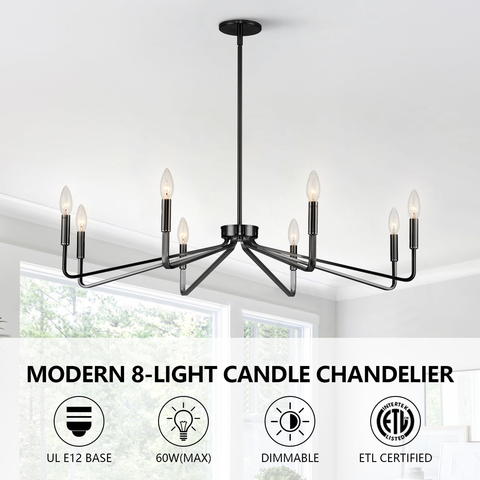 Acaner 38'' Black Chandeliers For Dining Room, 8-Light Modern Farmhouse Candle Style Chandelier, Industrial Hanging Ceiling Ligh
