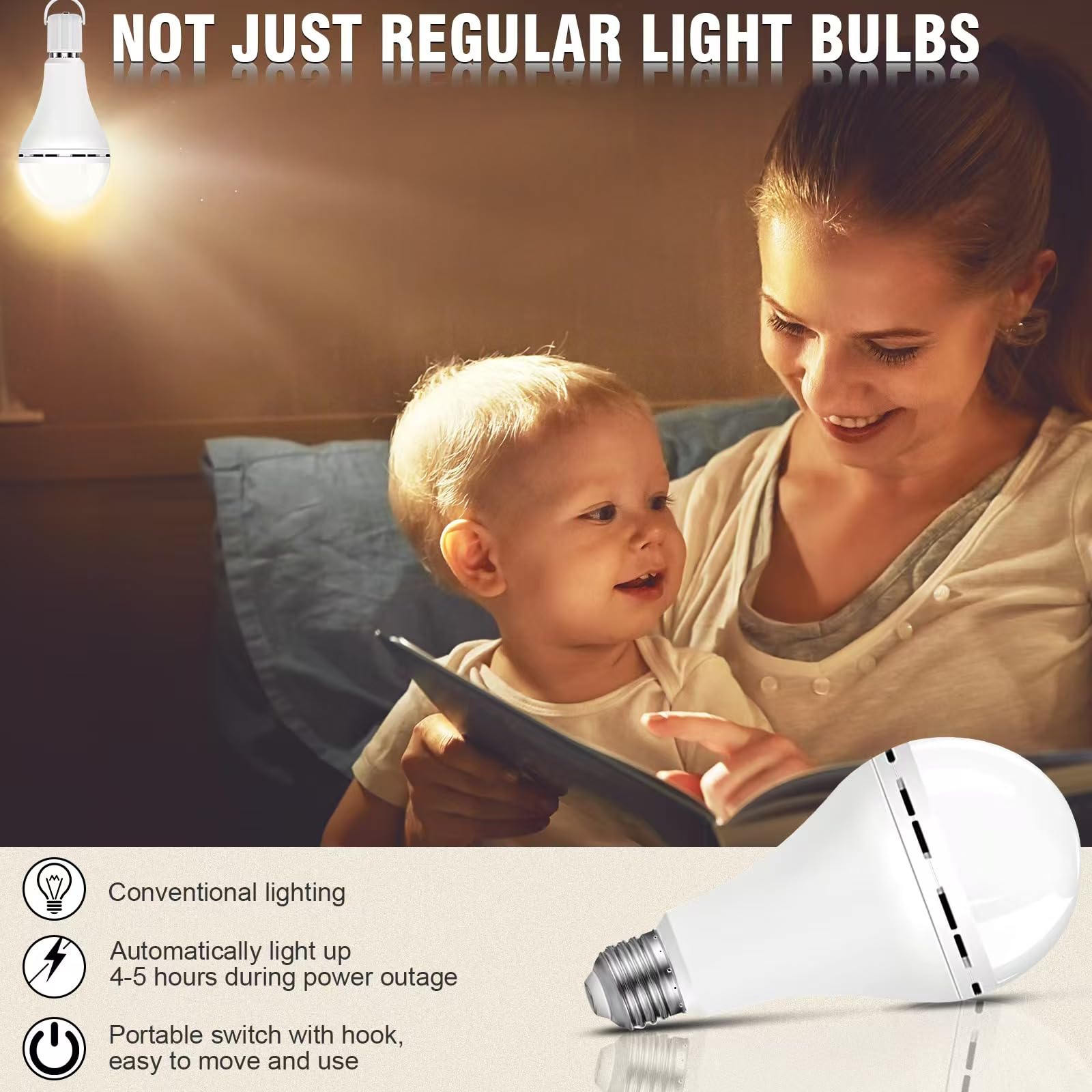 Scheinenda Rechargeable Emergency Light Bulbs,Soft White 3000K,Battery Operated Light Bulb,Keep Lighting When Power Failure,1200