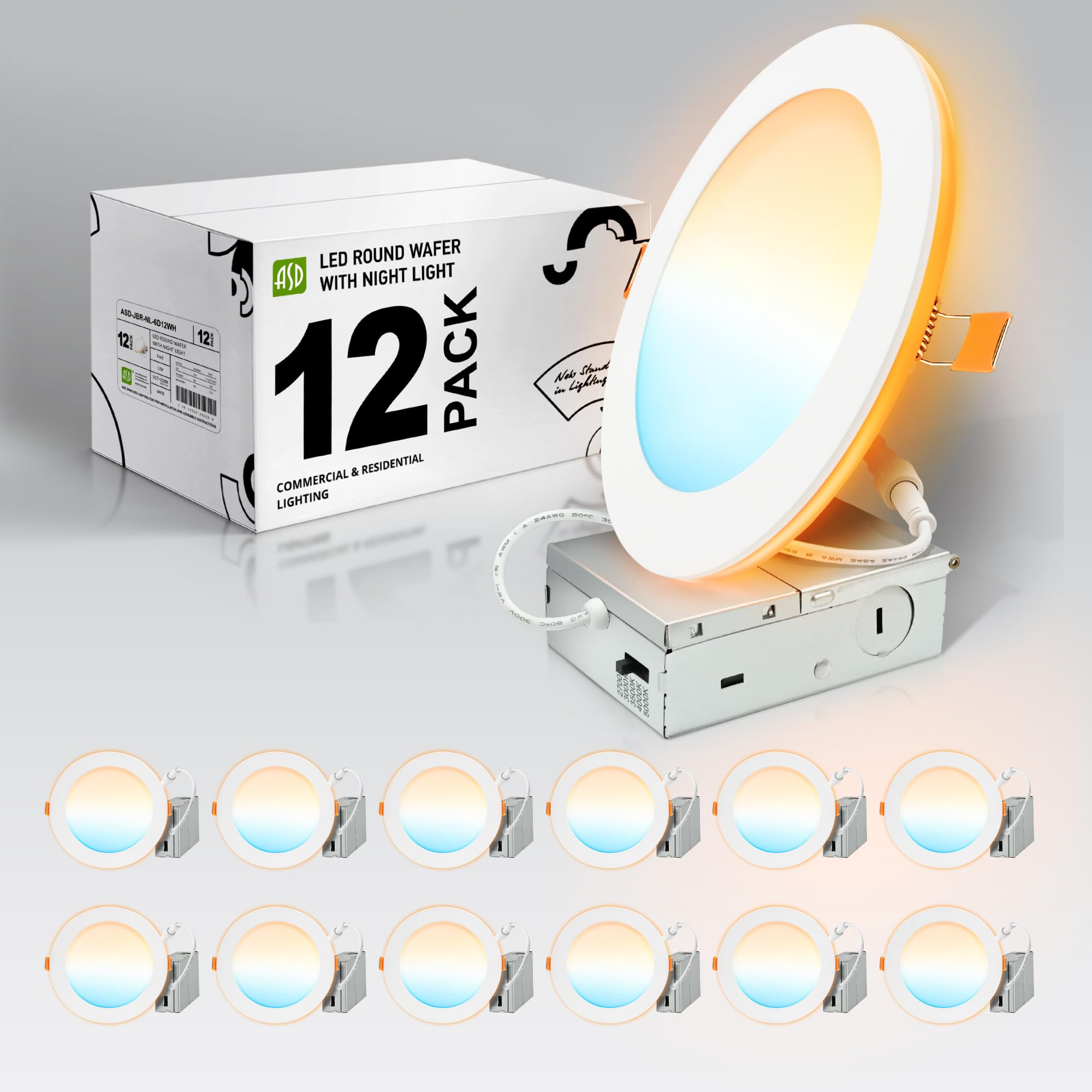 ASD 12 Pack 6 Inch LED Recessed Light with Night Light 12W, 5CCT 2700K-5000K 1071LM CRI90+, IC Rated Dimmable Ceiling Lights, Ca