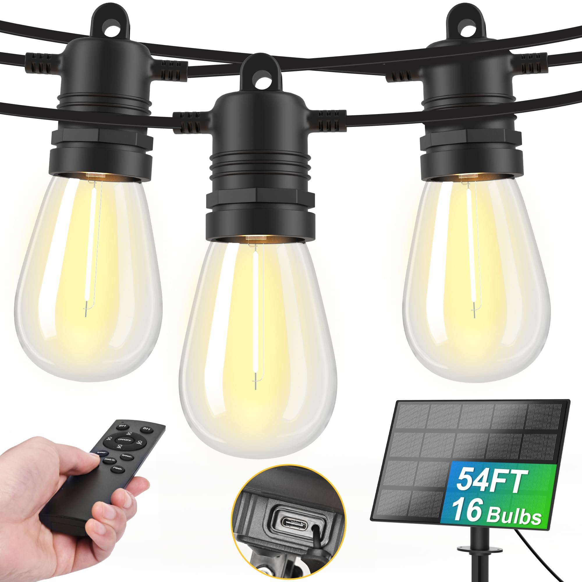 AUBVERC Solar String Lights 54 FT 16 Sockets Waterproof USB Charge Remote Control Black Model 10101